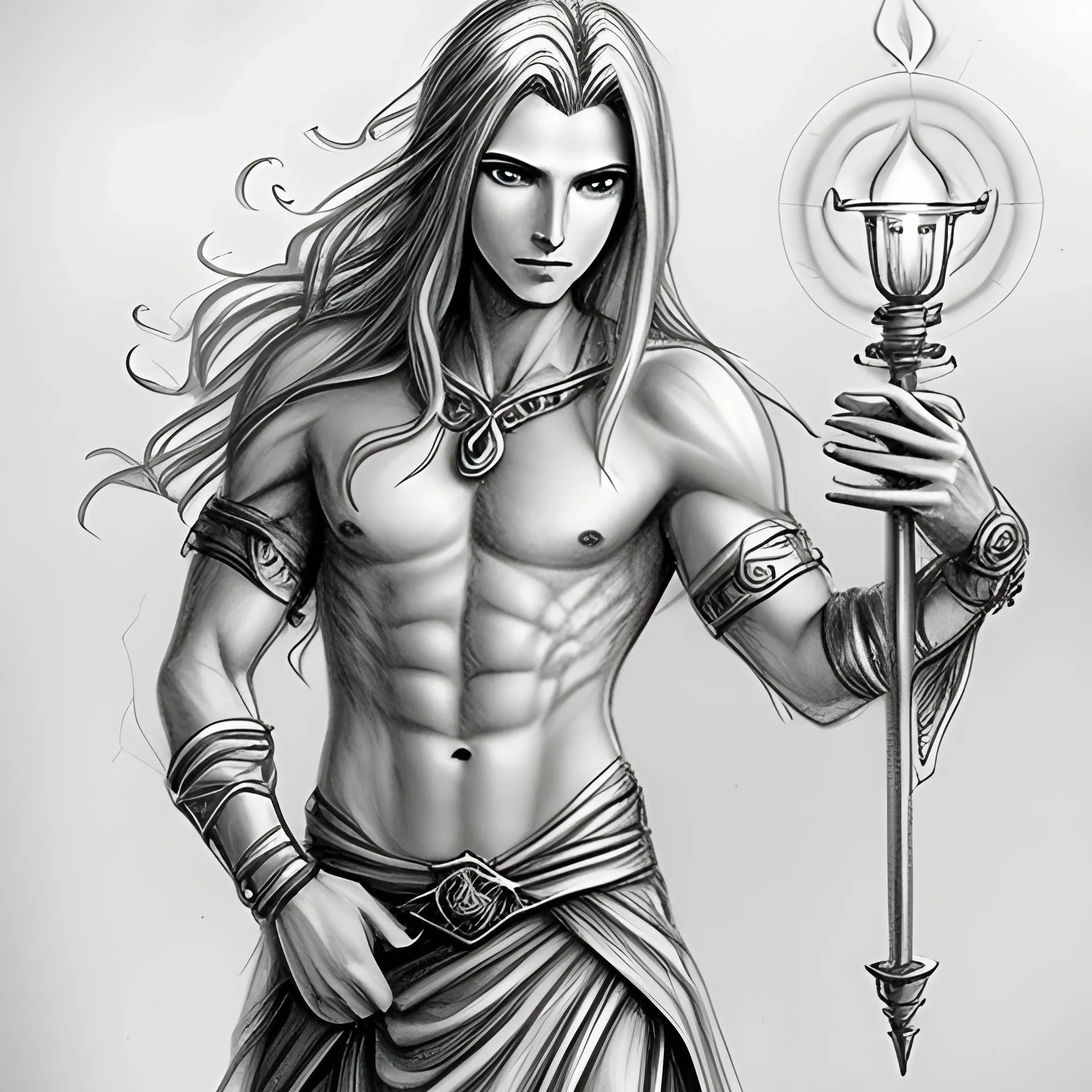 male, skinny, back long haired, aasimar, holding genie lamp, radiating light , front, Pencil Sketch
