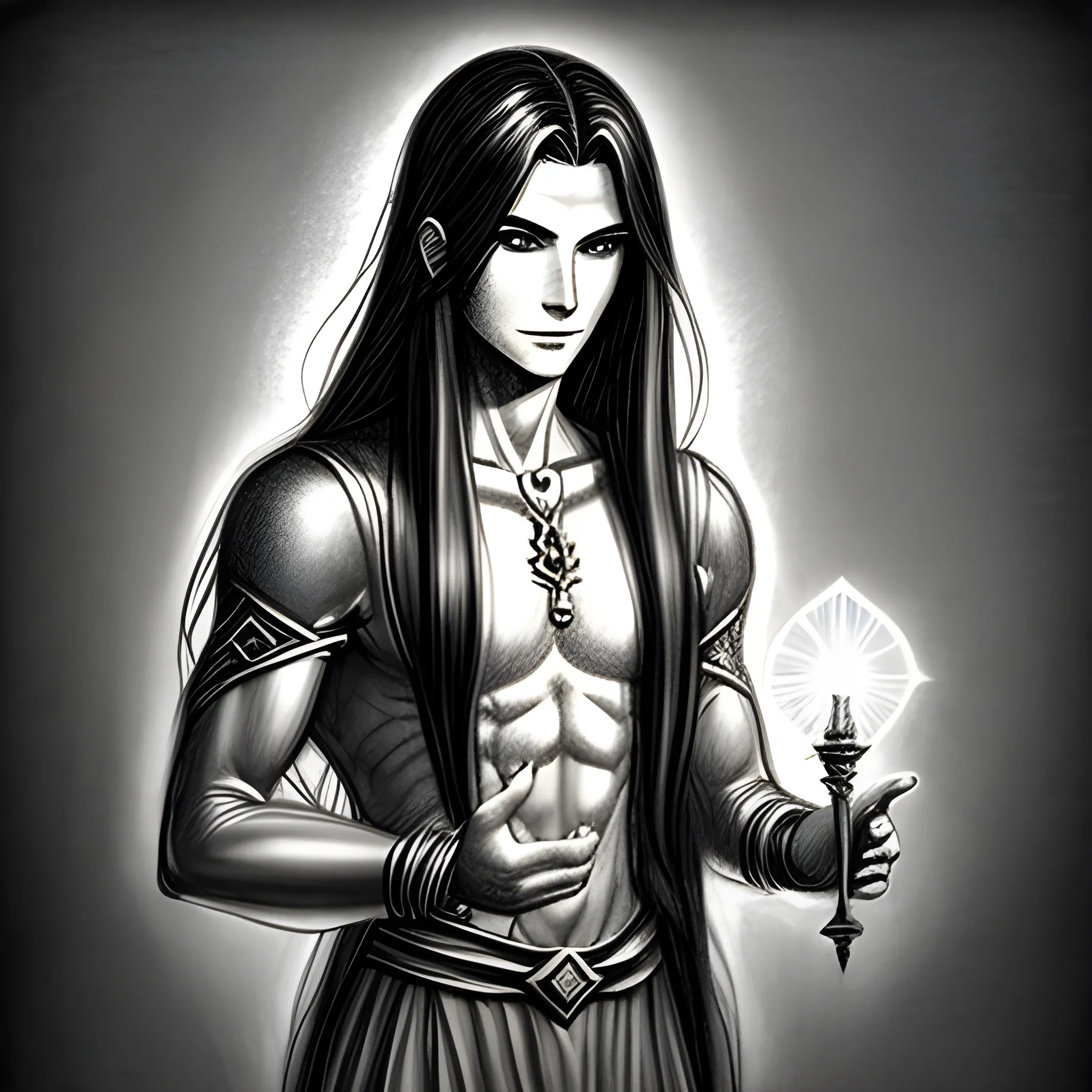male, skinny, long black haired, aasimar, holding genie lamp, radiating light , front, Pencil Sketch