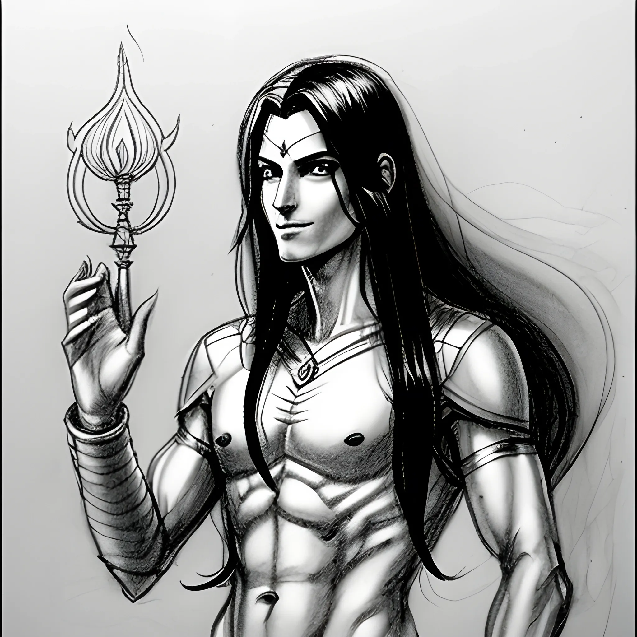 male, skinny, long black haired, aasimar, rubbing genie lamp, radiating light , front, Pencil Sketch