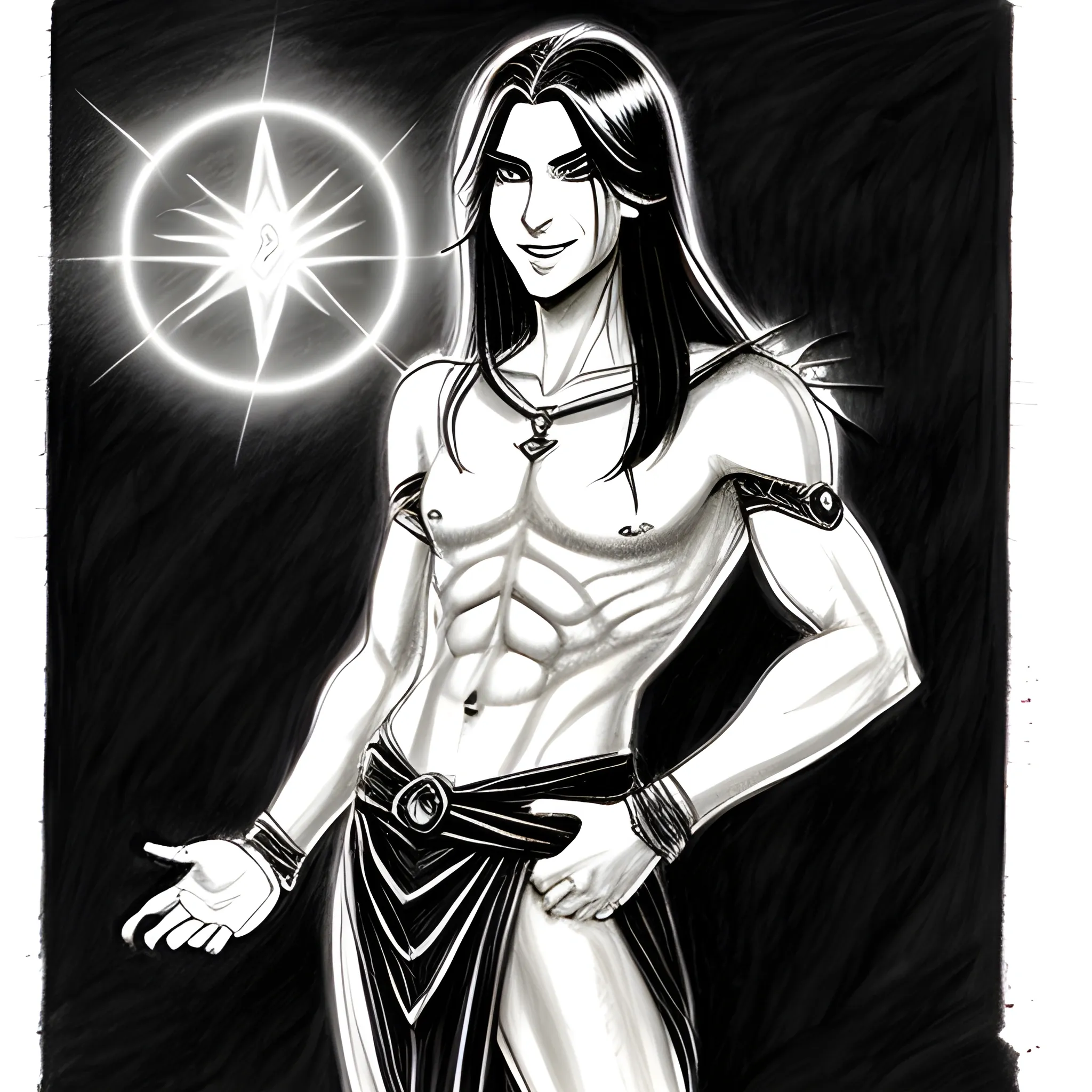 male, skinny, long black haired, aasimar, rubbing genie lamp, radiating light , front, Pencil Sketch, Cartoon