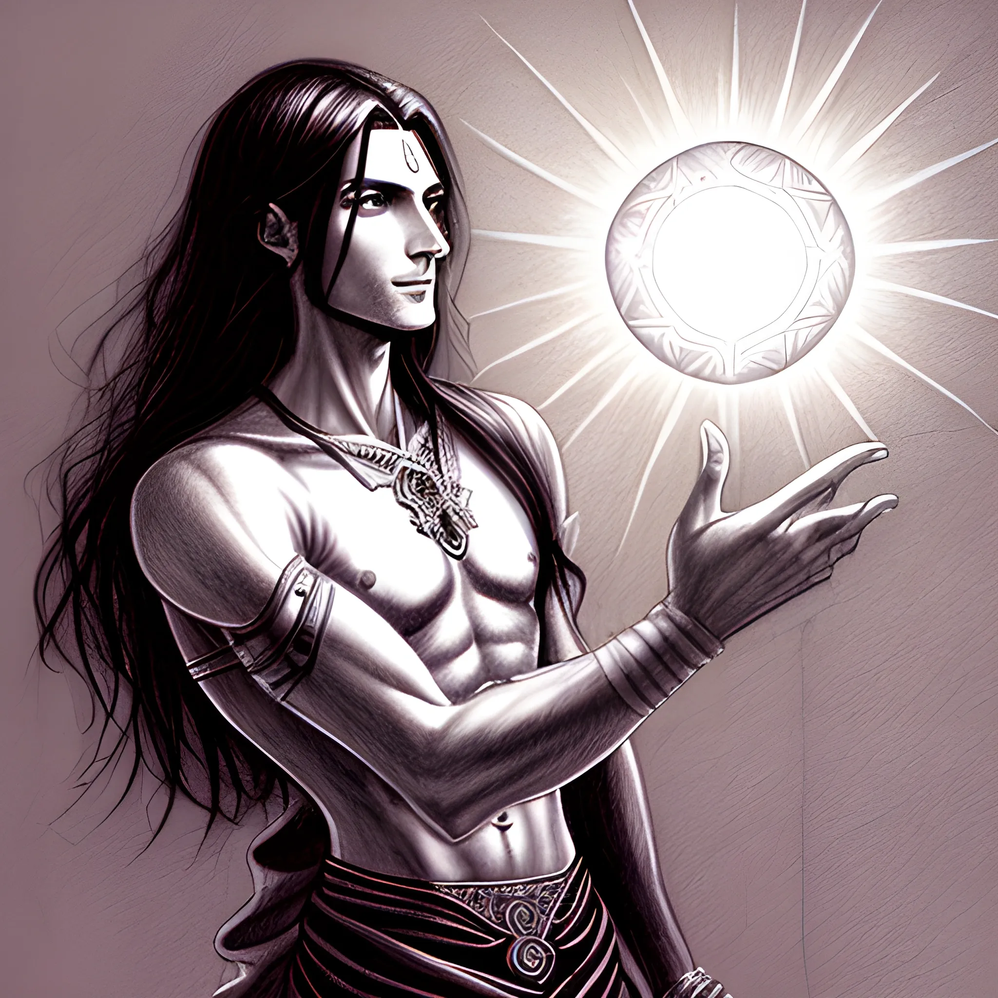 male, skinny, long black haired, aasimar, rubbing genie lamp, radiating light , front, Pencil Sketch, , Trippy