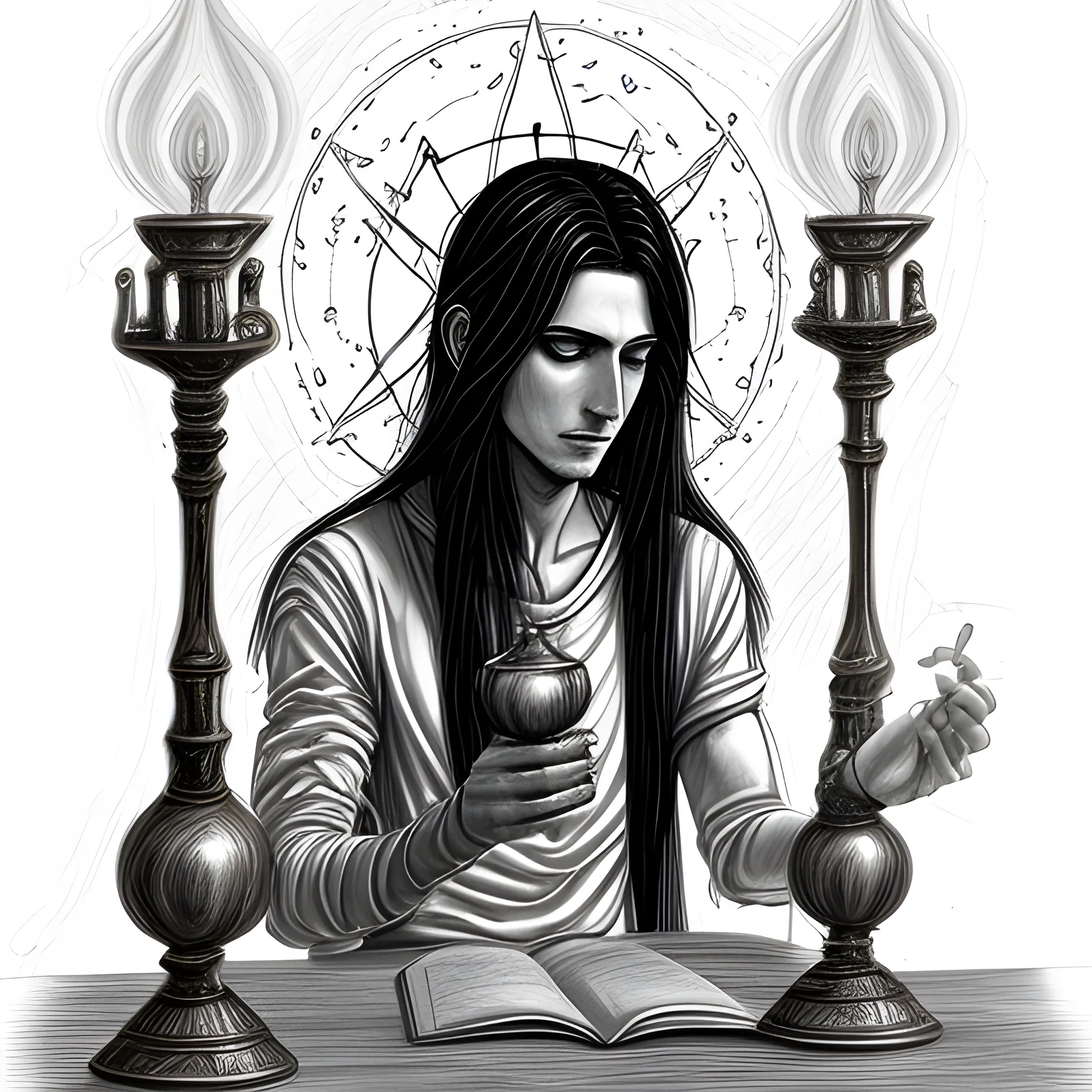 male, skinny, long black haired, aasimar,radiating light , front, rubbing oil lamp, Pencil Sketch, , Trippy