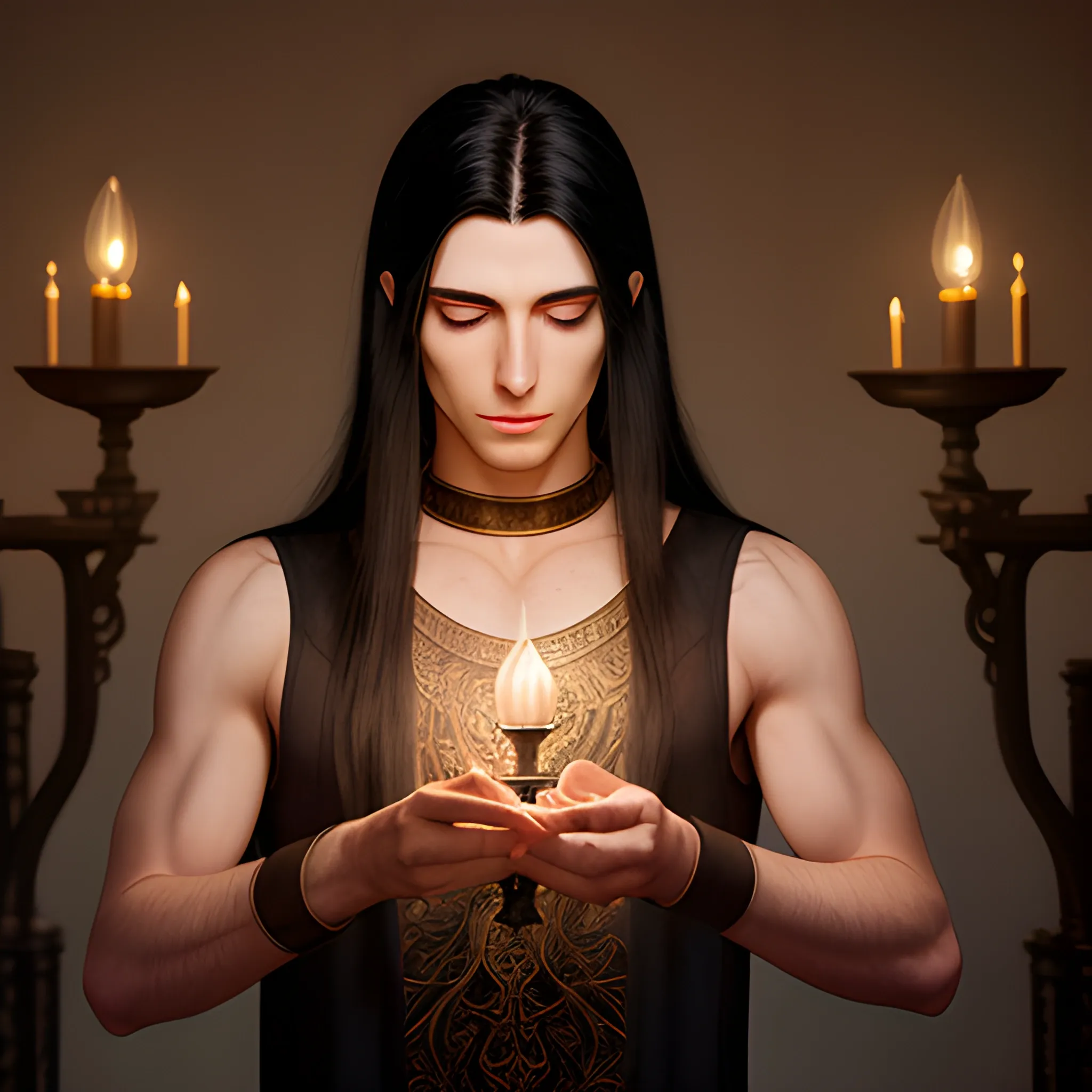 male, skinny, long black haired, aasimar,radiating light , front, rubbing oil lamp
