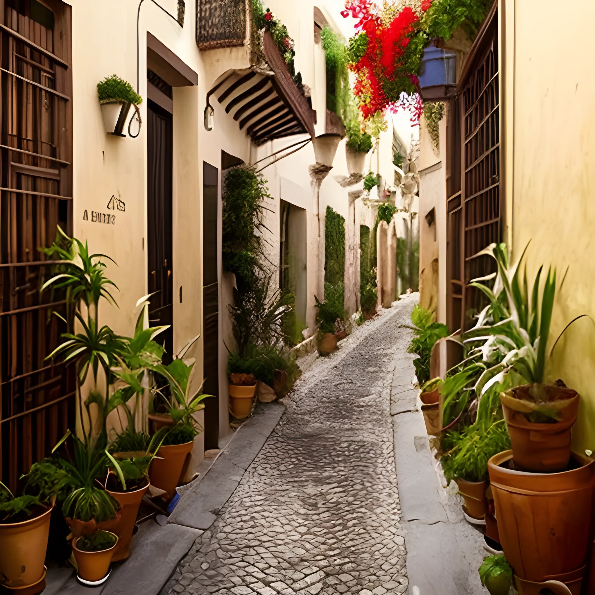 quiero la imagen tipo fotografia de una calle colonial con muchas plantas enrredaderas.Es de tarde, es un ambiente bohemio, de vino, quesos, mucho estilo. 