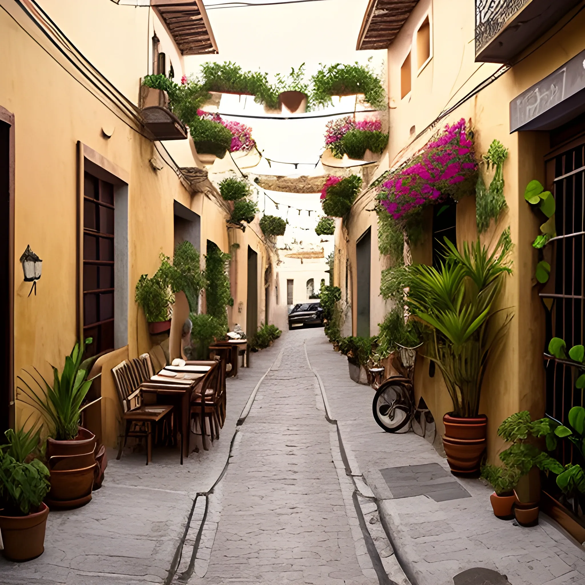 quiero la imagen tipo fotografia de una calle colonial abierta, con una sola, con muchas plantas enrredaderas y un negocio de café con menú. Es de tarde, es un ambiente bohemio, de vino, quesos, mucho estilo. 