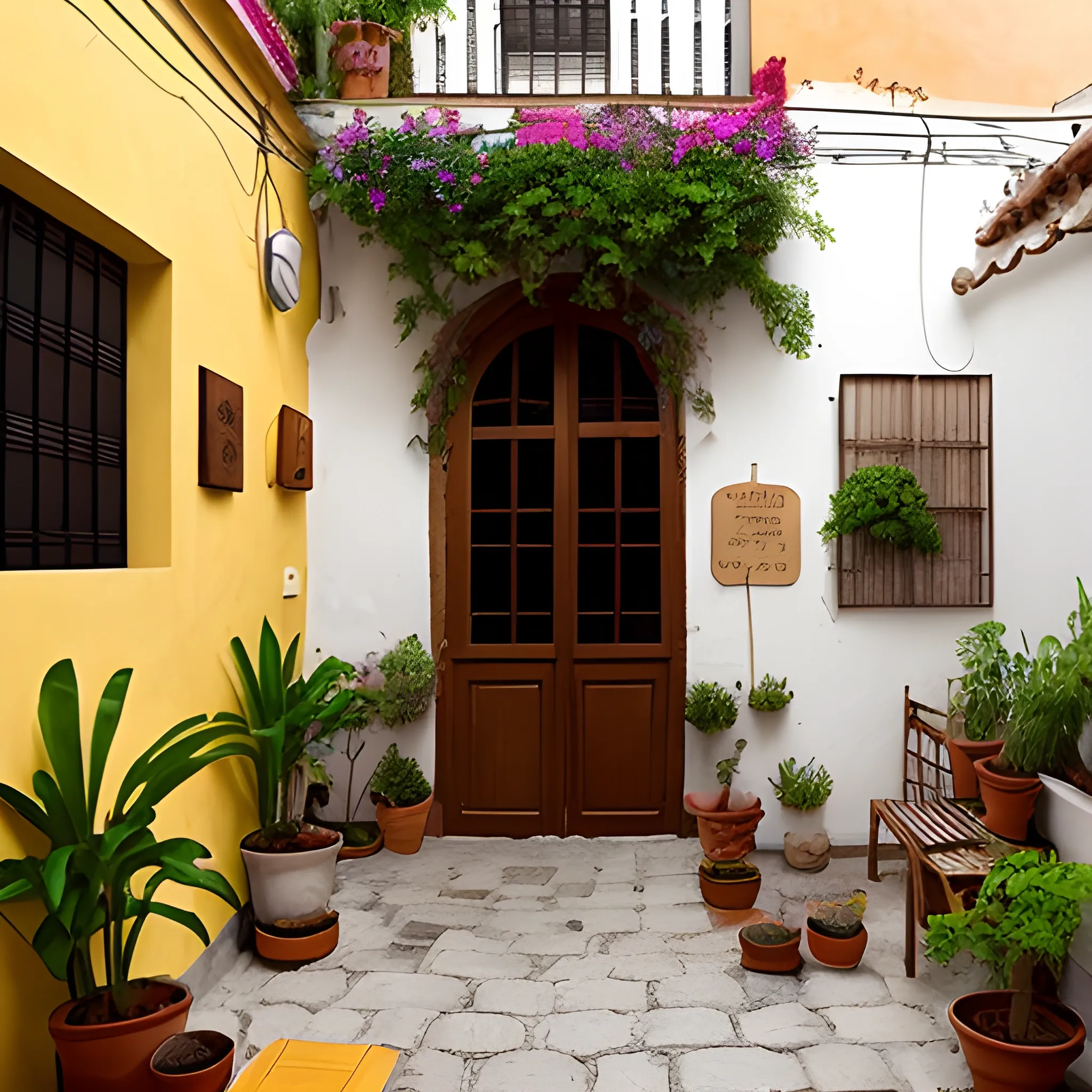 quiero la imagen tipo fotografía de una calle colonial abierta, a un lado el patio de una iglesia y al otro lado una sola casa con muchas plantas enredaderas y un negocio de comida con su menú al aire libre. Es de tarde, es un ambiente bohemio, de vino, quesos, mucho estilo. 