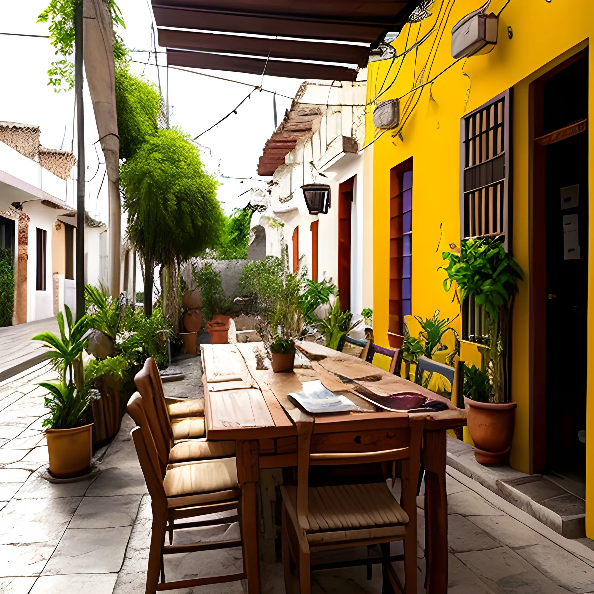 quiero la imagen tipo fotografía de una calle colonial abierta de la ciudad de Metapán, El Salvador. a un lado el patio abierto de una iglesia y al otro lado una sola casa con muchas plantas enredaderas y un negocio de comida con su menú al aire libre. Es de tarde, es un ambiente bohemio, de vino, quesos, mucho estilo. 