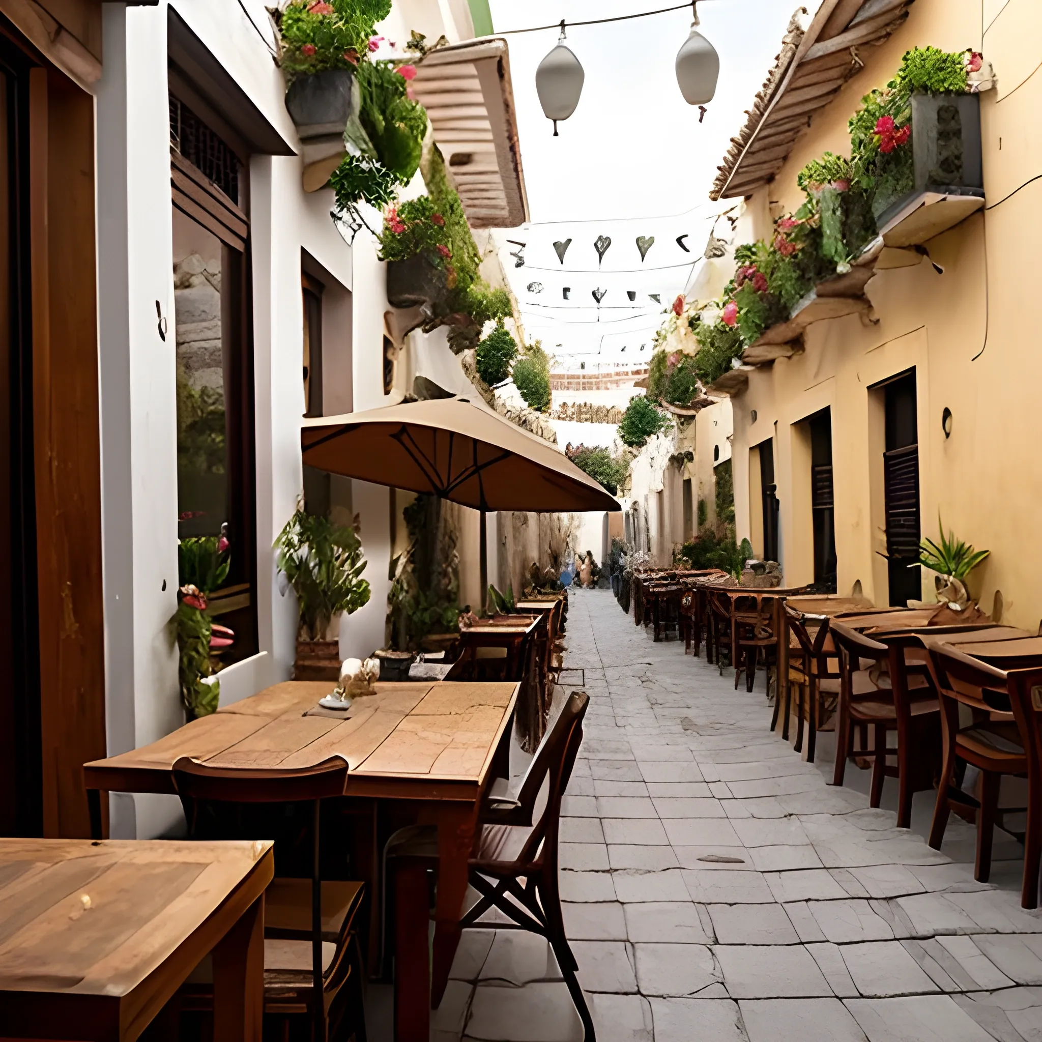 quiero la imagen tipo fotografía de una calle colonial abierta con plantas enredaderas y un negocio de comida con su menú al aire libre. Es de tarde, es un ambiente bohemio, de vino, quesos, mucho estilo. 