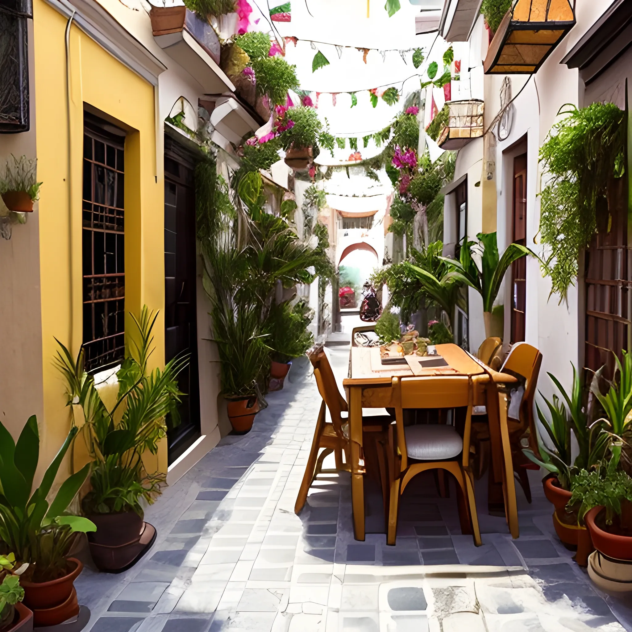 quiero la imagen tipo fotografía de alta definición de una calle colonial abierta con plantas enredaderas y 1 negocio de comida con su menú al aire libre. Es de tarde, es un ambiente bohemio, de vino, quesos y mucho estilo. 