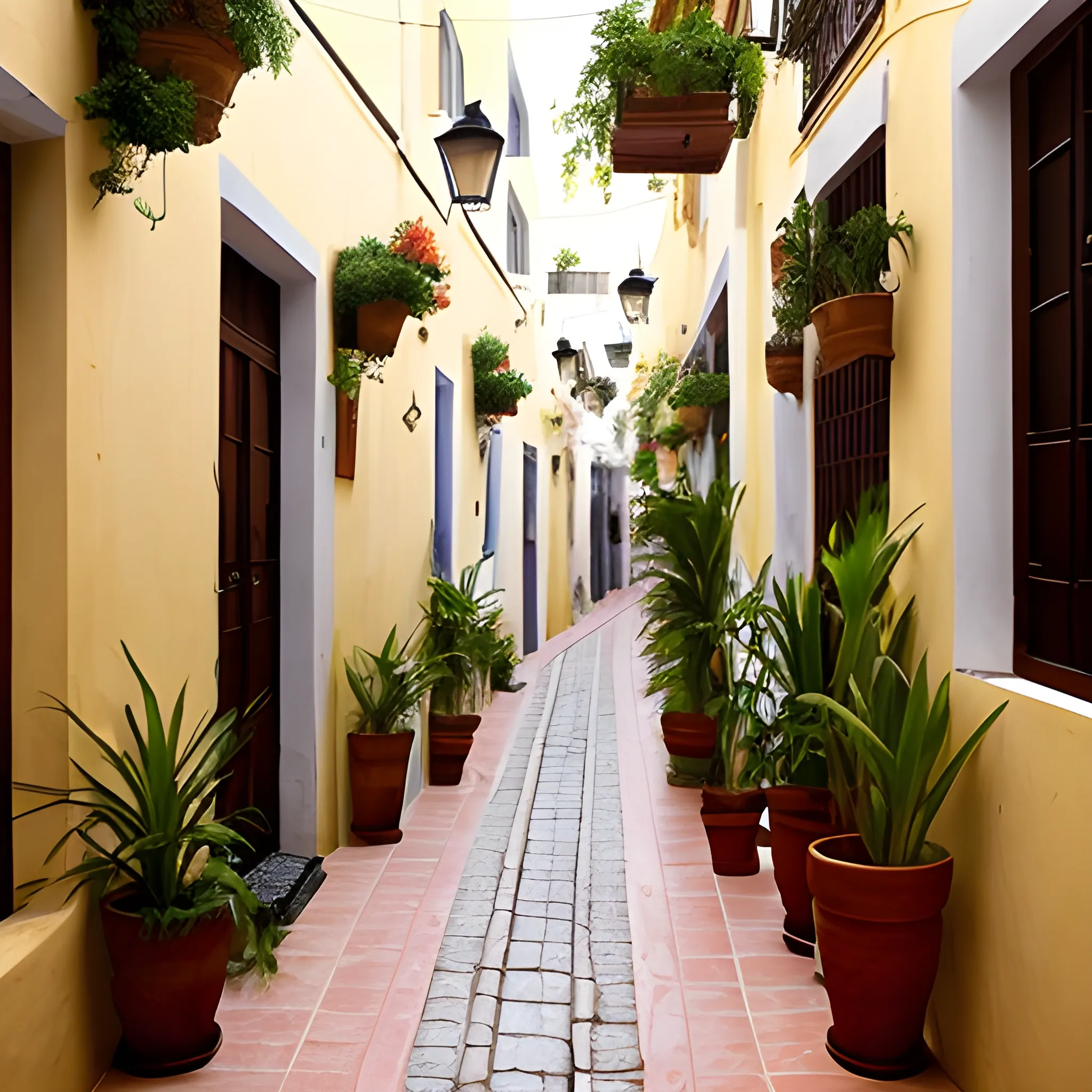 quiero la imagen tipo fotografía de alta definición de una calle colonial abierta con plantas enredaderas y menú. Es de tarde, es un ambiente bohemio, de vino, quesos y mucho estilo. 