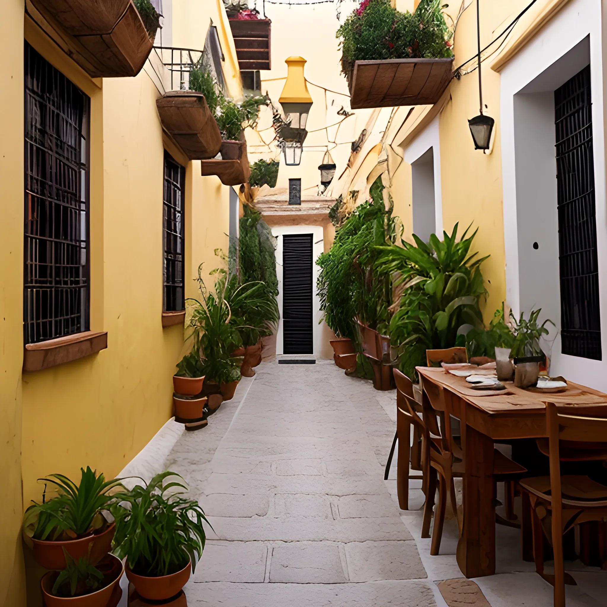 quiero la imagen tipo fotografía en alta definición de una calle colonial abierta con plantas enredaderas y 1 menú. Es de tarde, es un ambiente bohemio, de vino, quesos y mucho estilo. 