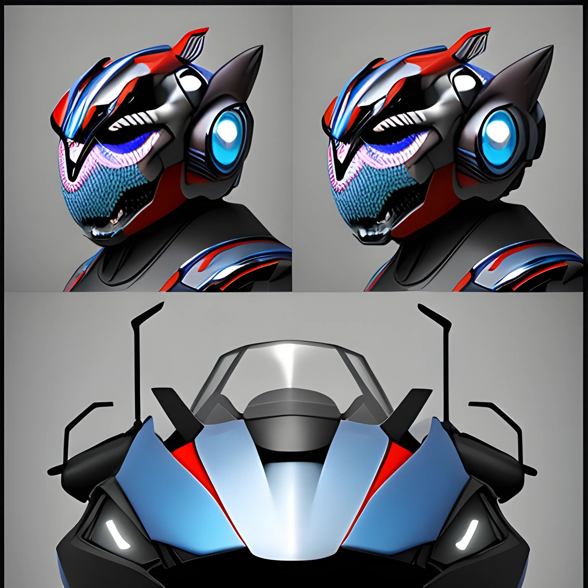 I want you to design a robot dragon with a head that looks like a BMW S1000RR, 3D, Trippy,