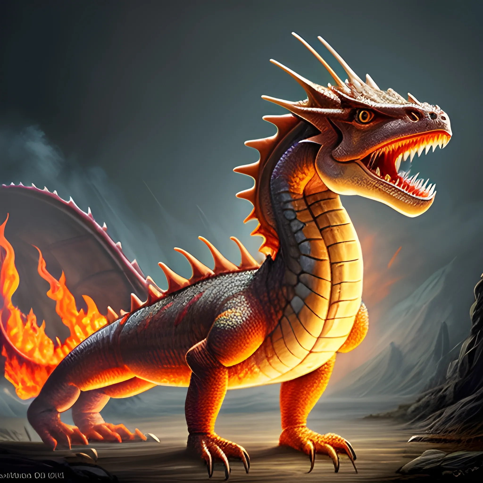 draw Chlamydosaurus kingii as a firebreathing dragon

