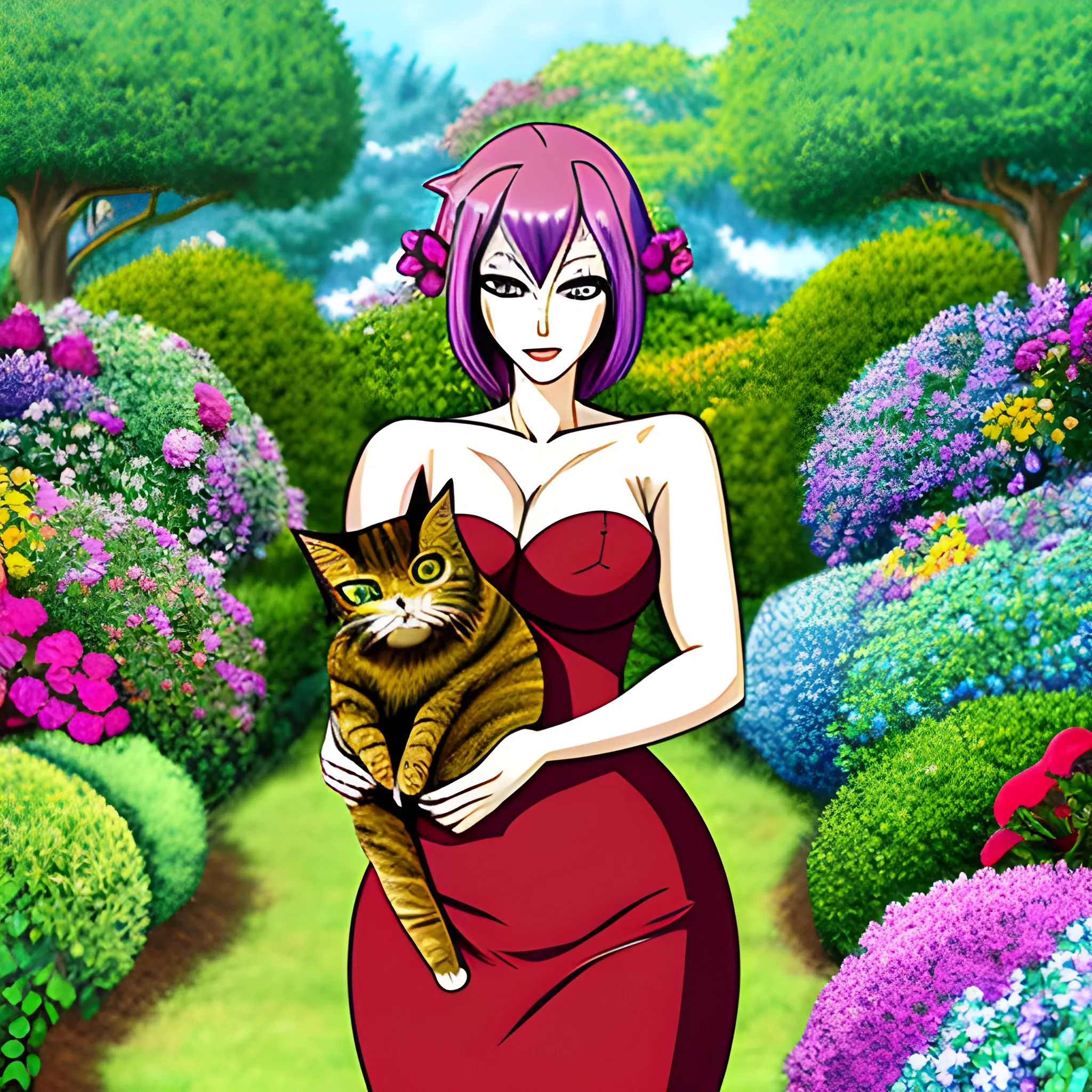 anime girl, cat in arm, surreal garden, Cartoon