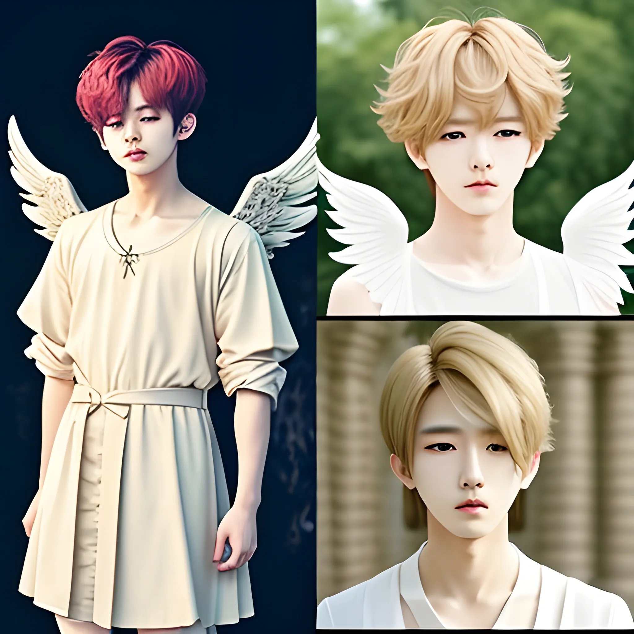 Ulzzang similar to Jeon Jungkook with blonde curly hair, has angel wings, a wooden bow and dresses like a Roman god