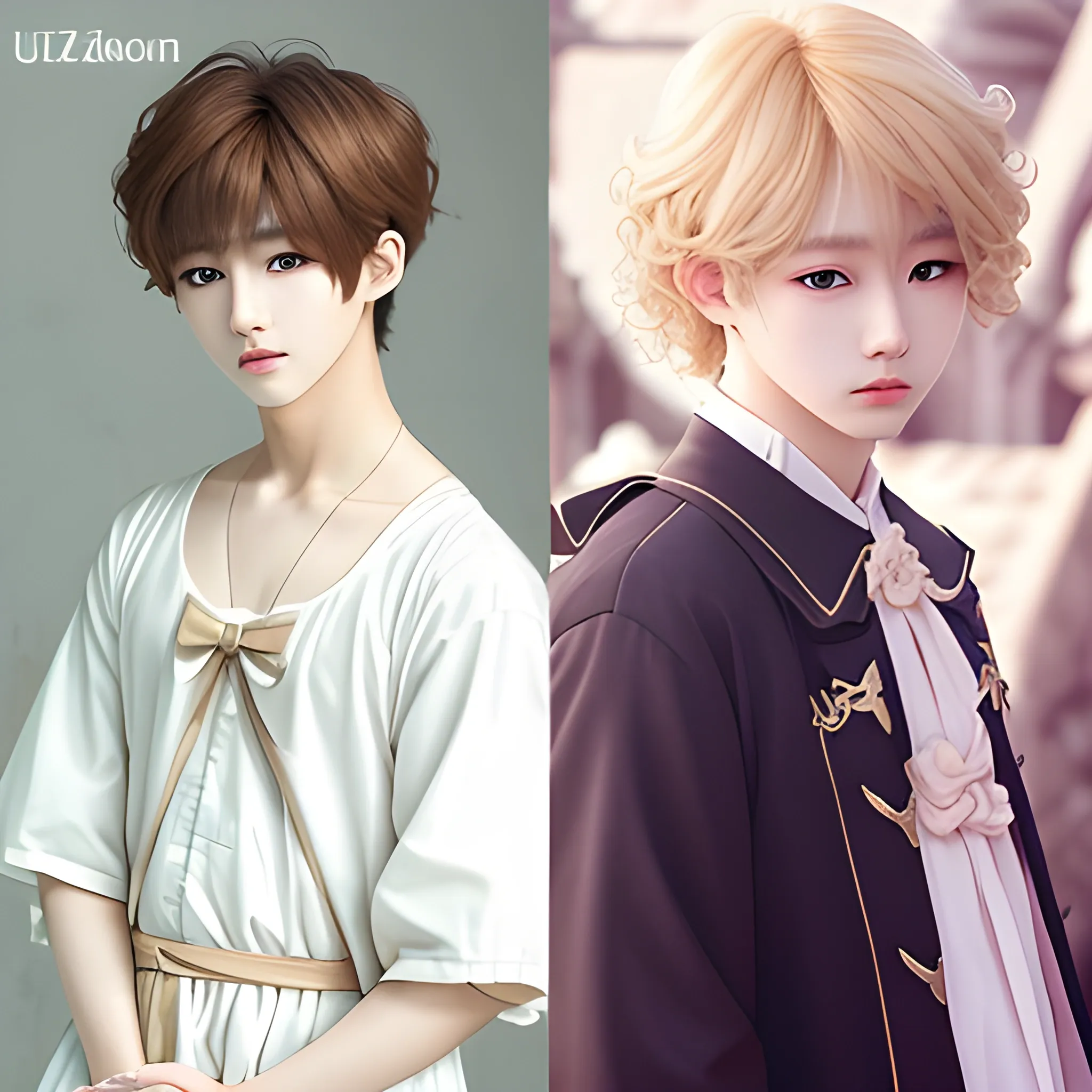 Ulzzang similar to Jeon Jungkook with blonde curly hair, has angel wings, a wooden bow and dresses like a Roman god