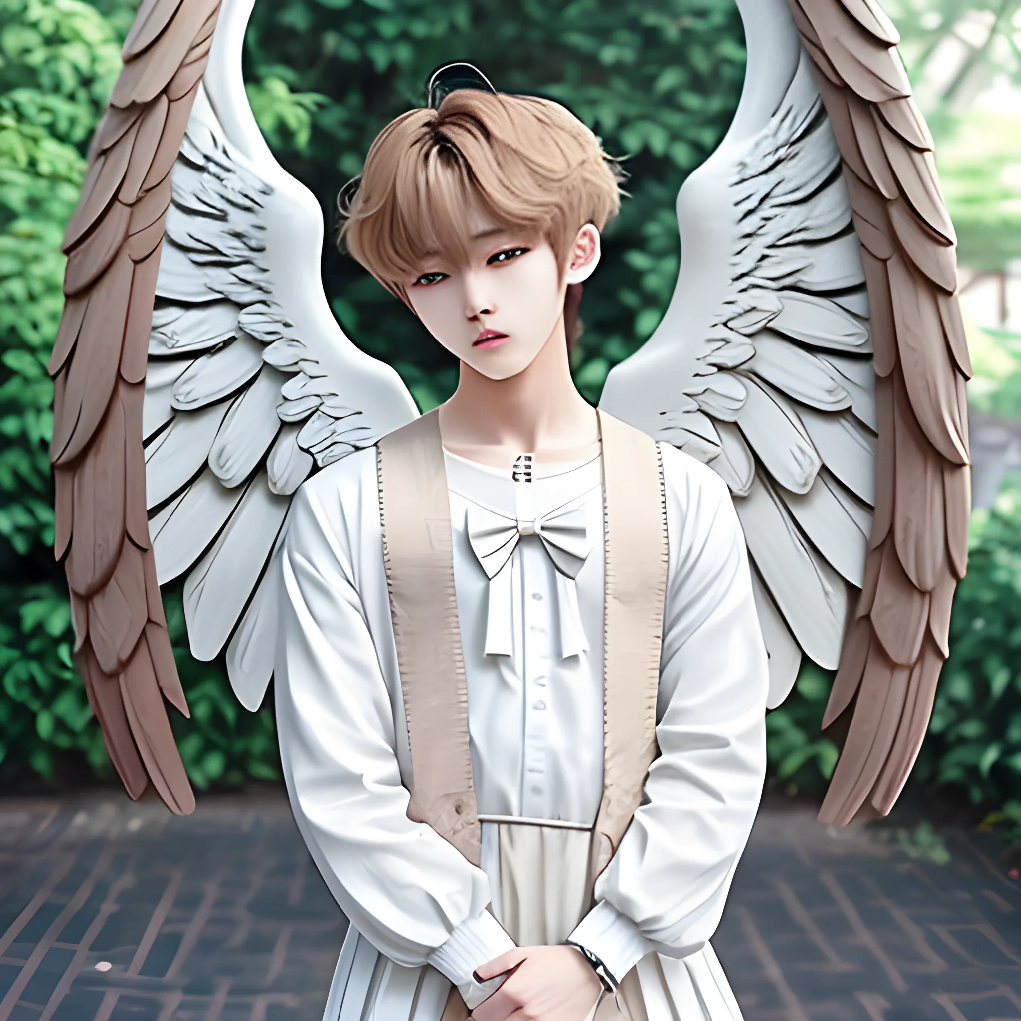 Ulzzang similar to Jeon Jungkook with blonde curly hair, has angel wings, a wooden bow and dresses like a Roman god