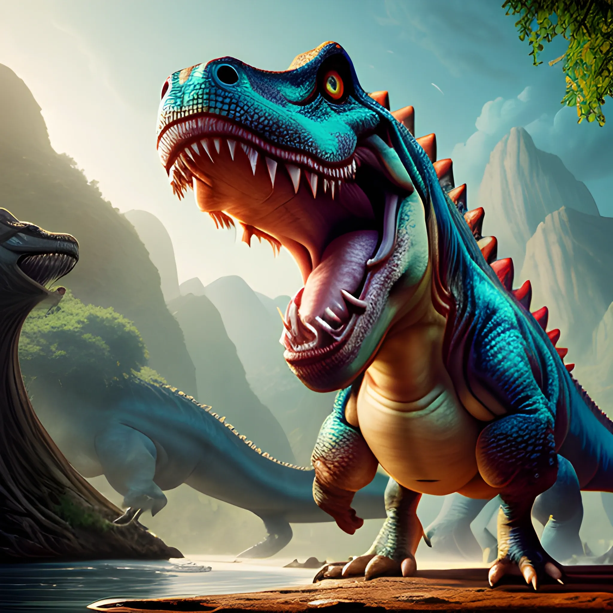 dinosaur with open jaws, dinosaur is eating a sandwich, 8k, high resolution, high quality, photorealistic, hyperrealistic, detailed, detailed matte painting, deep color, fantastical, intricate detail, splash screen, complementary colors, fantasy concept art, 8k resolution trending on Artstation Unreal Engine