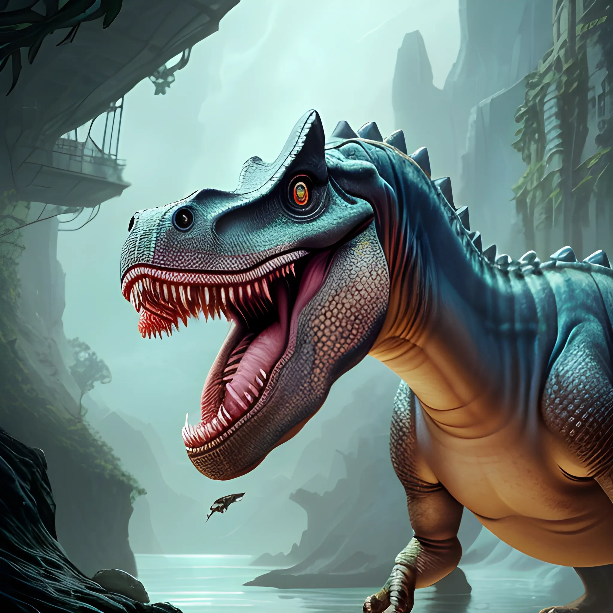 dinosaur with open jaws, dinosaur is eating a sandwich, 8k, high resolution, high quality, photorealistic, hyperrealistic, detailed, detailed matte painting, deep color, fantastical, intricate detail, splash screen, complementary colors, fantasy concept art, 8k resolution trending on Artstation Unreal Engine