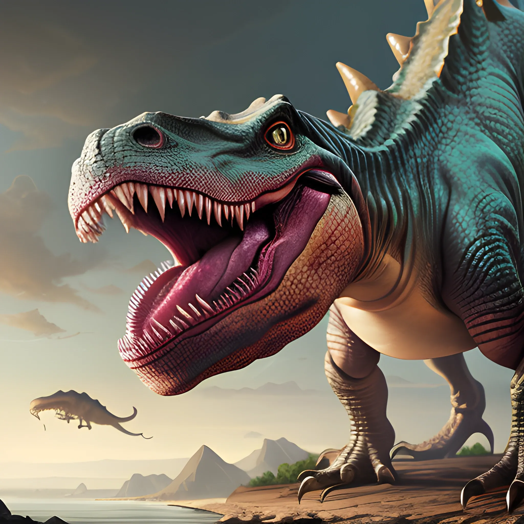 dinosaur with open jaws, dinosaur is eating a sandwich, 8k, high resolution, high quality, photorealistic, hyperrealistic, detailed, detailed matte painting, deep color, fantastical, intricate detail, splash screen, complementary colors, fantasy concept art, 8k resolution trending on Artstation Unreal Engine