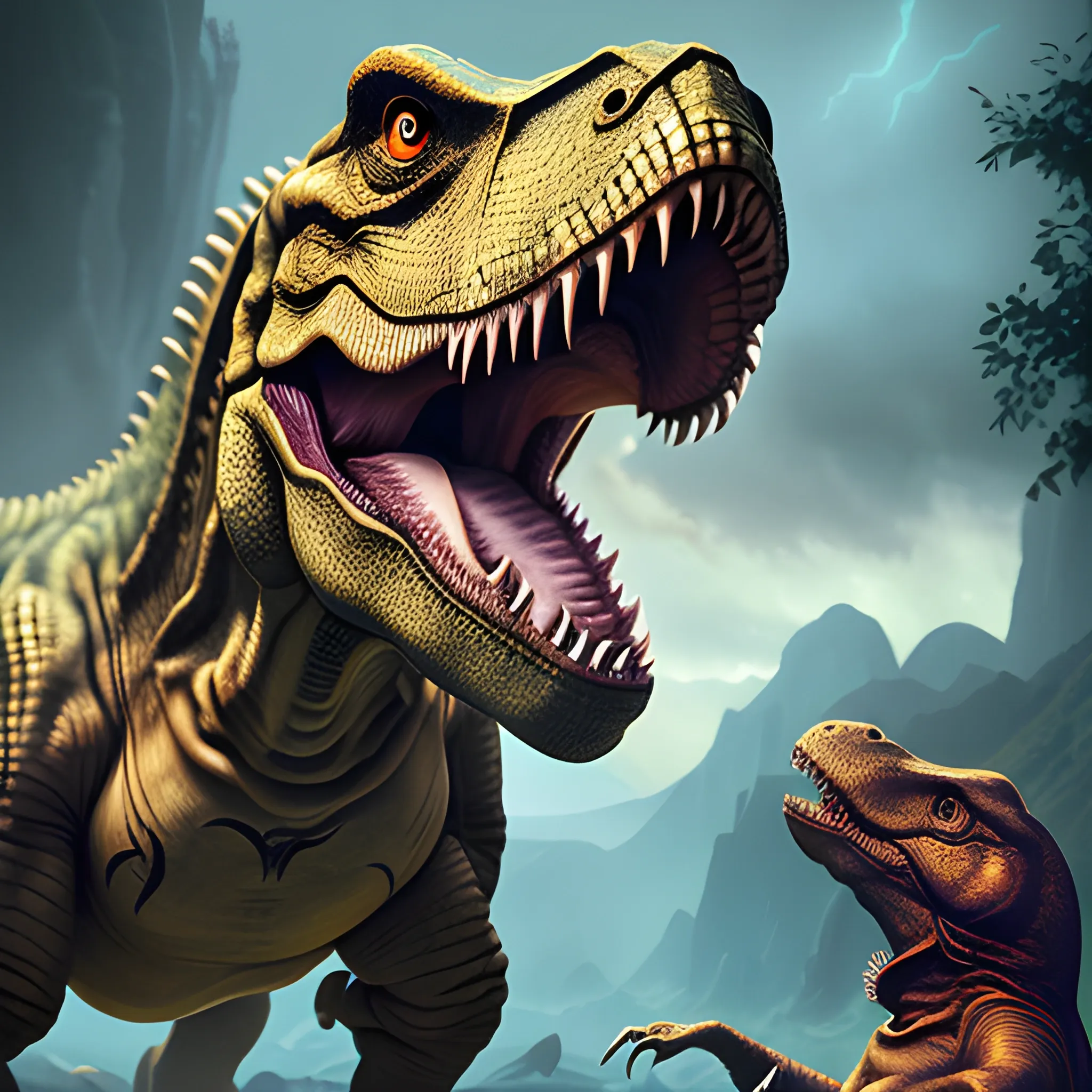 t-rex with open jaw, dinosaur is eating a sandwich, sandwich in dinosaur jaw, 8k, high resolution, high quality, photorealistic, hyperrealistic, detailed, detailed matte painting, deep color, fantastical, intricate detail, splash screen, complementary colors, fantasy concept art, 8k resolution trending on Artstation Unreal Engine