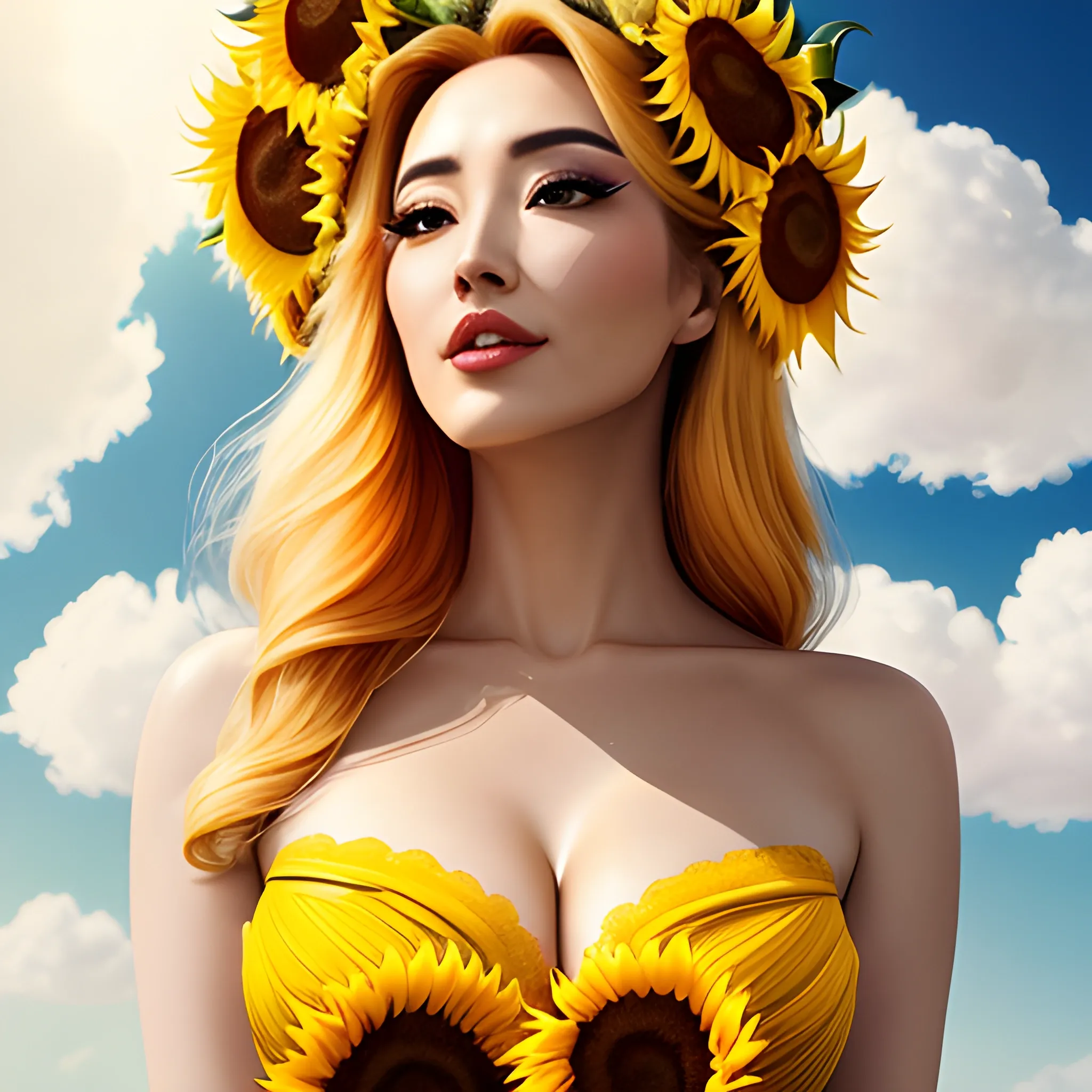 tmasterpiece, high high quality, cinematic Film still from, one-girl,Golden hair,Sunflowers are worn on the head, floating in sky, Cloud Girl, Clouds, (closeup cleavage: 1.1), brightly, cheerfulness, intriguing, gentlesoftlighting, (bauhause, Shape, lineworks, abstracted: 1.1), asian
