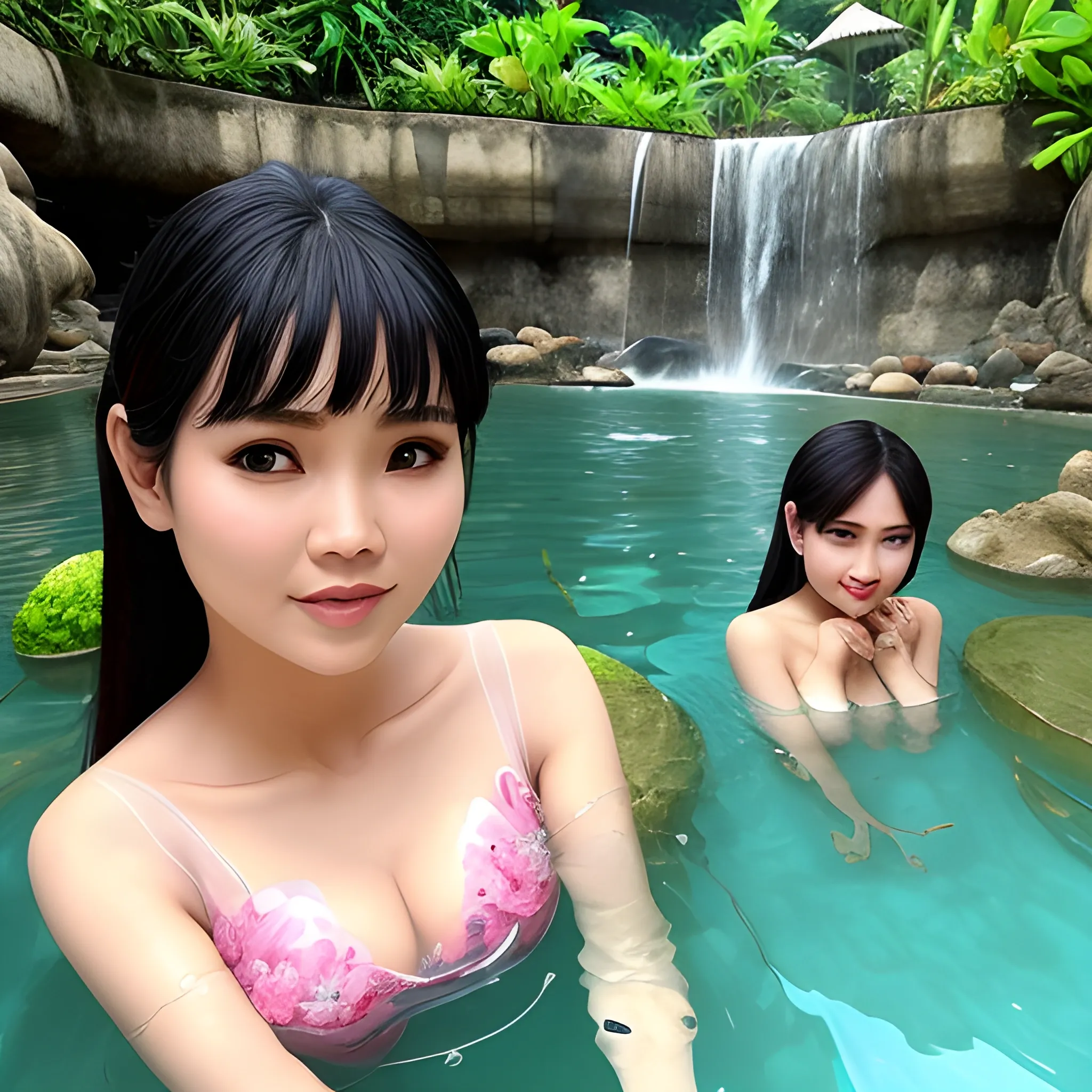 sepasang kekasih pria asal Indonesia dan wanita artis jepang mengenakan alin sutera putih, mereka berendam di air terjun dan saling berpelukan dan berciuman. Latar belakang air terjun di pedesaan. Foto Sangat detail dan pengambilan gambar dari sudut tang tepat, very romantic