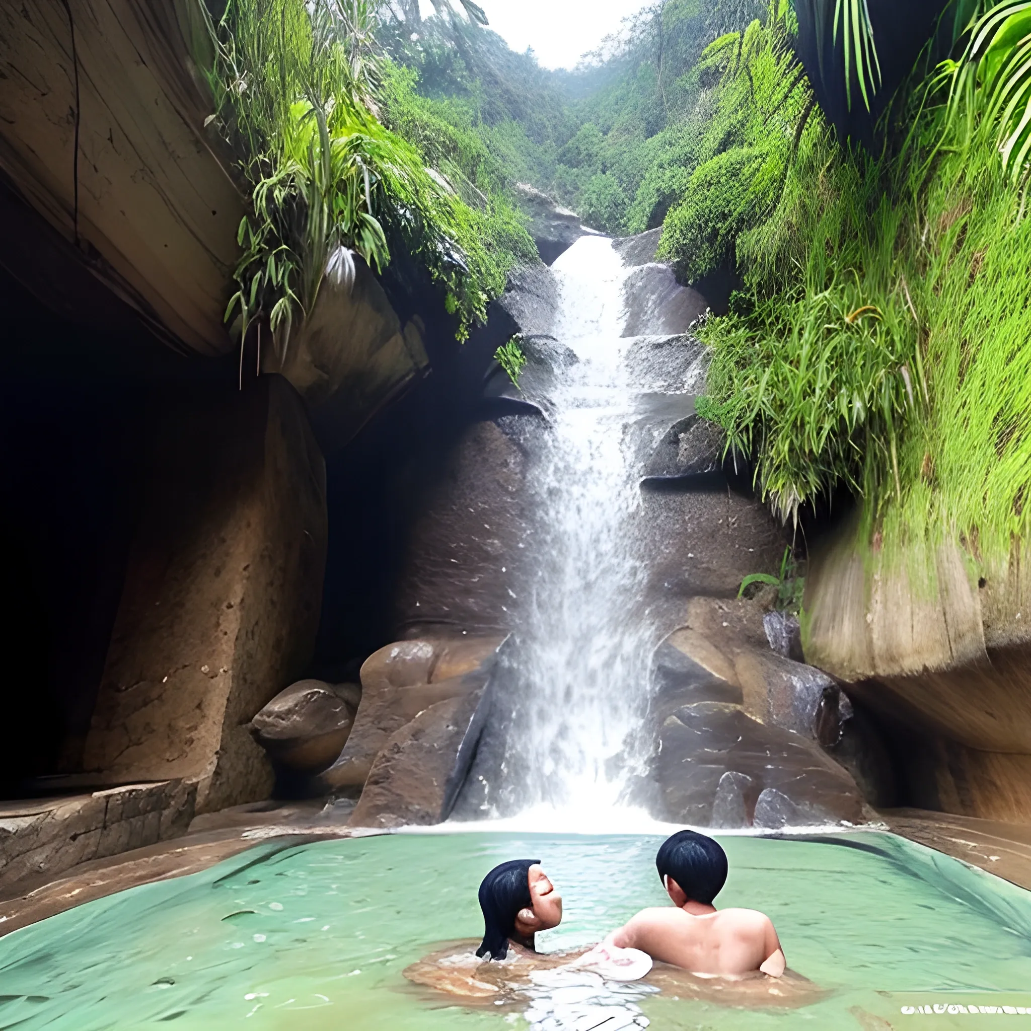 sepasang kekasih mandi. Latar belakang air terjun di pedesaan. Foto Sangat detail dan pengambilan gambar dari sudut tang tepat, very romantic