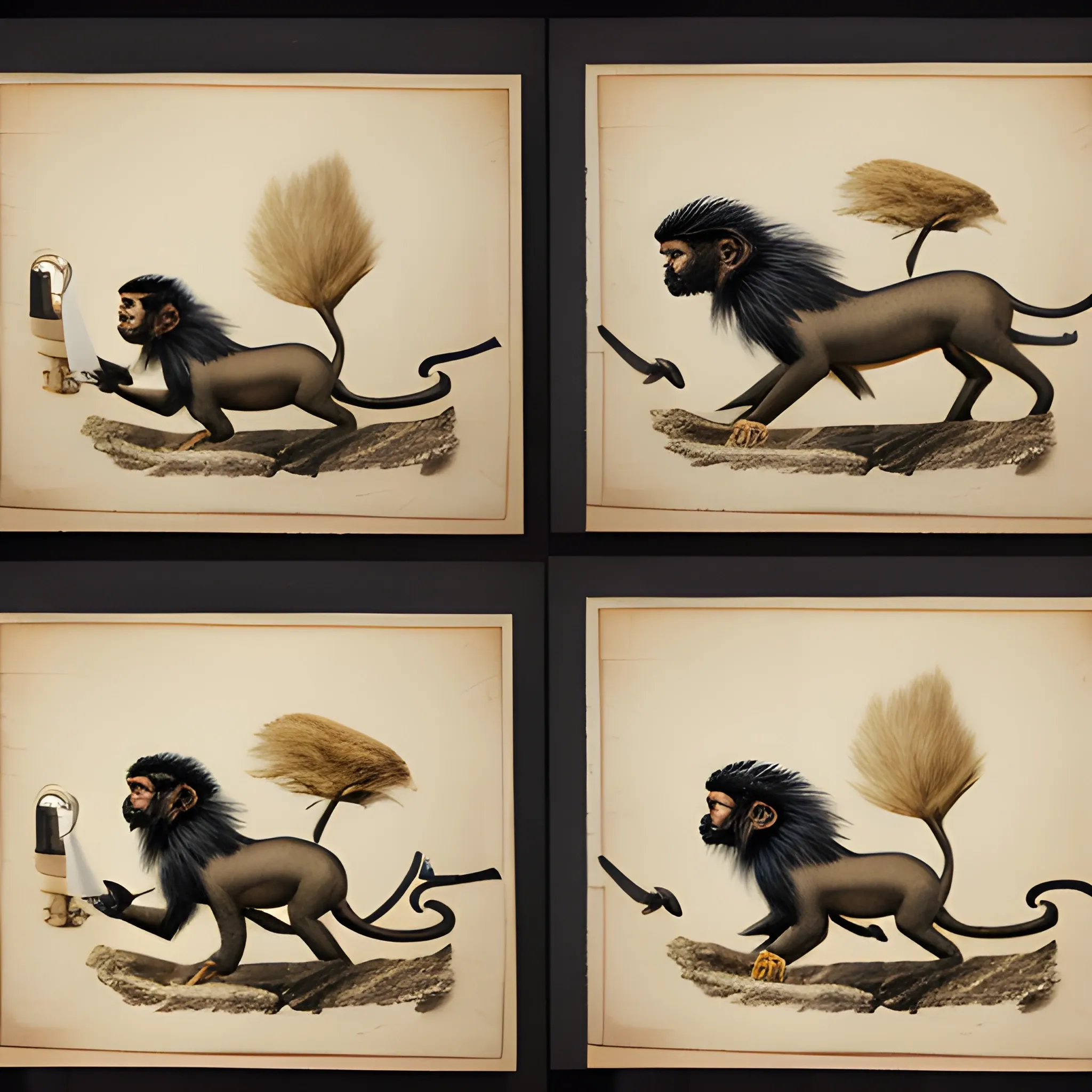 five images of a monkey that is using shaving blade to take off skin of ship ,lion , crow , hen, deer  