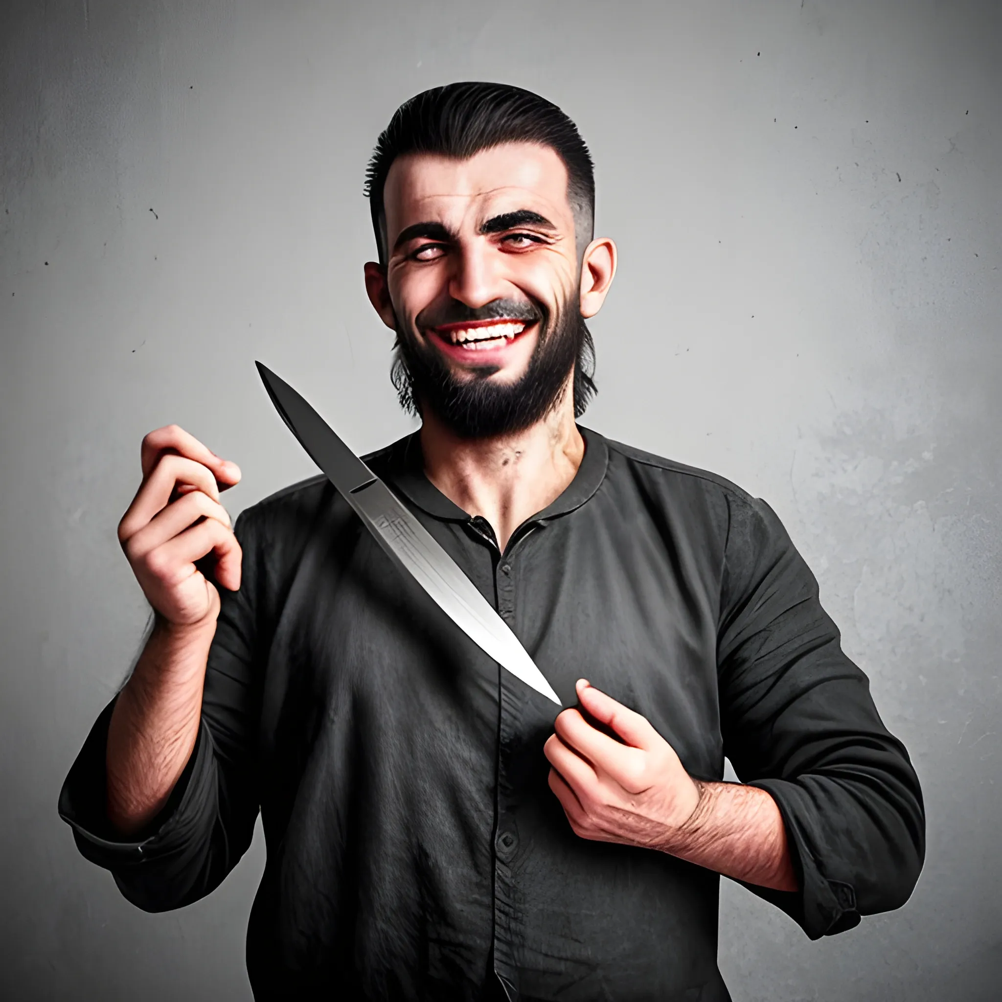 crazy albanian holding a knife while staring smiling