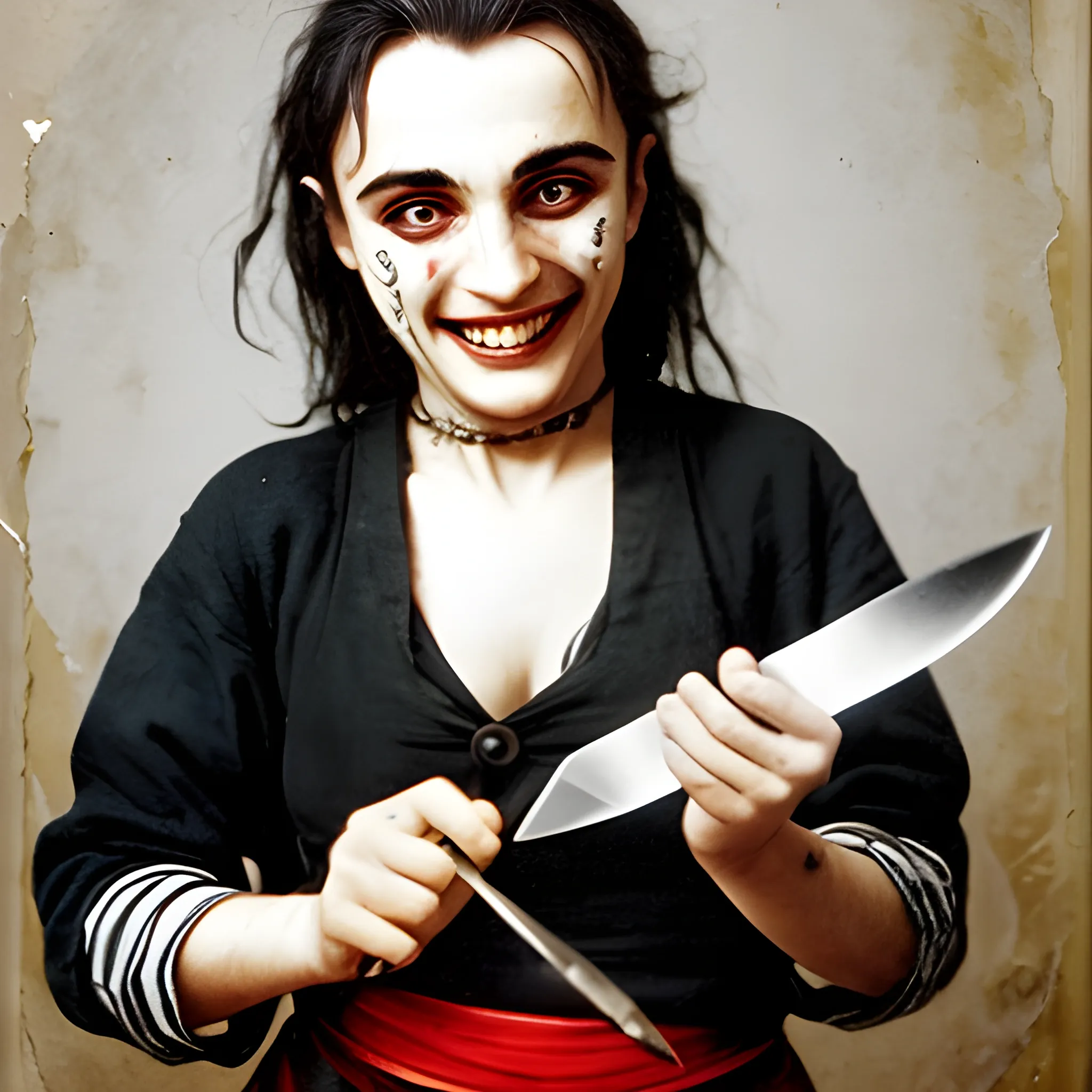 crazy, albanian, holding a knife, smiling,