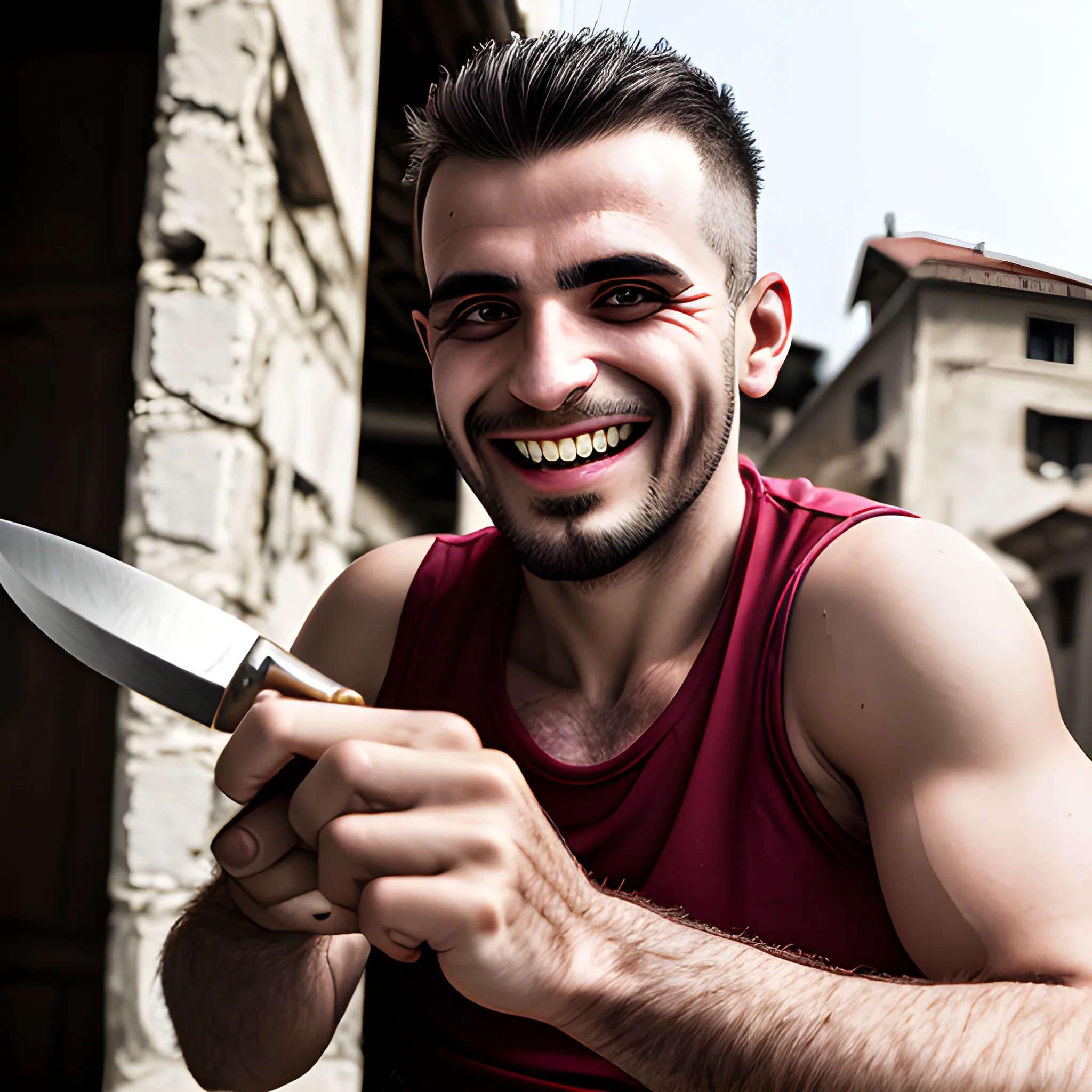 crazy, albanian, holding a knife, smiling, male