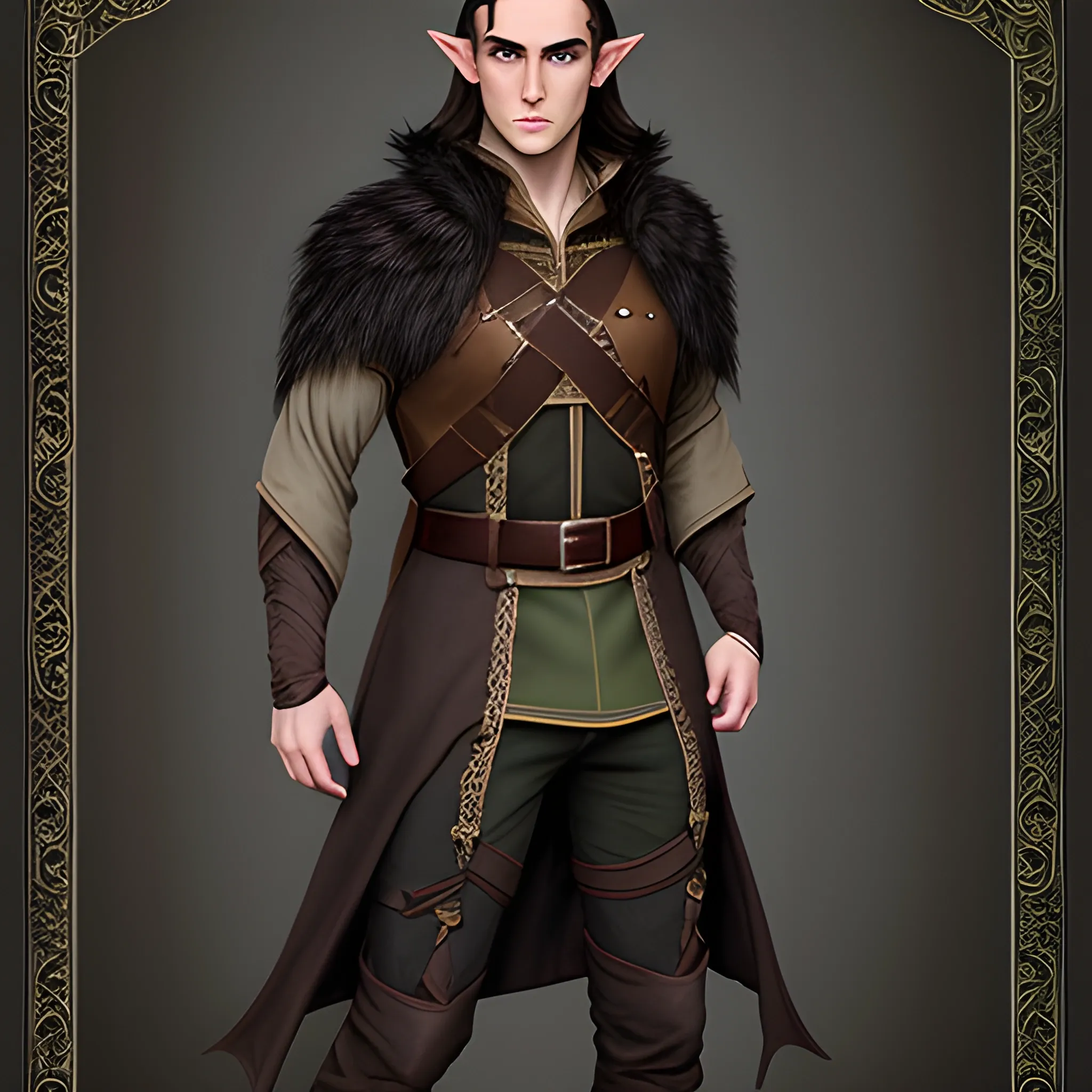 high fantasy dark haired Male half elf with dark overall coat