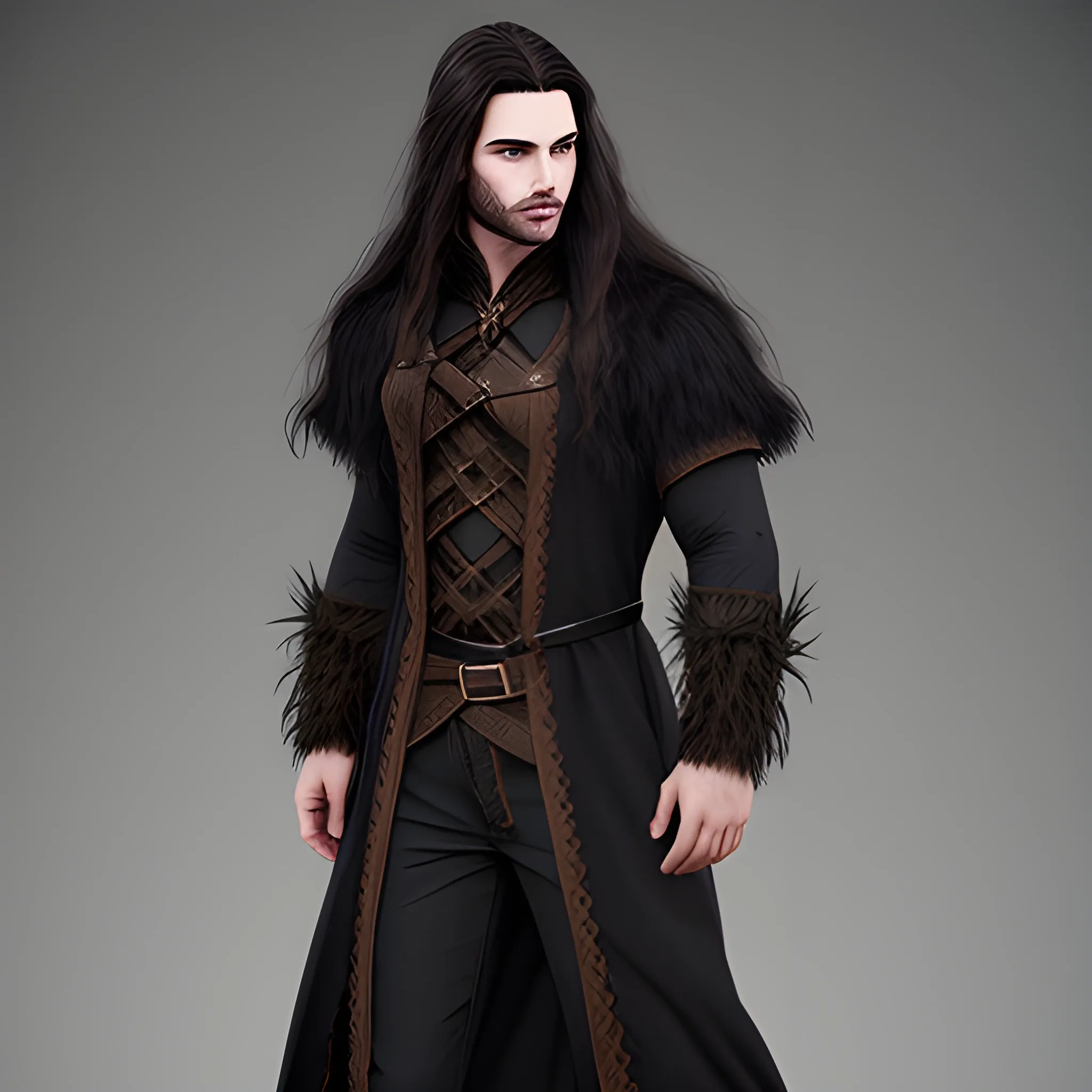 high fantasy Male with dark long hair wearing dark overall coat