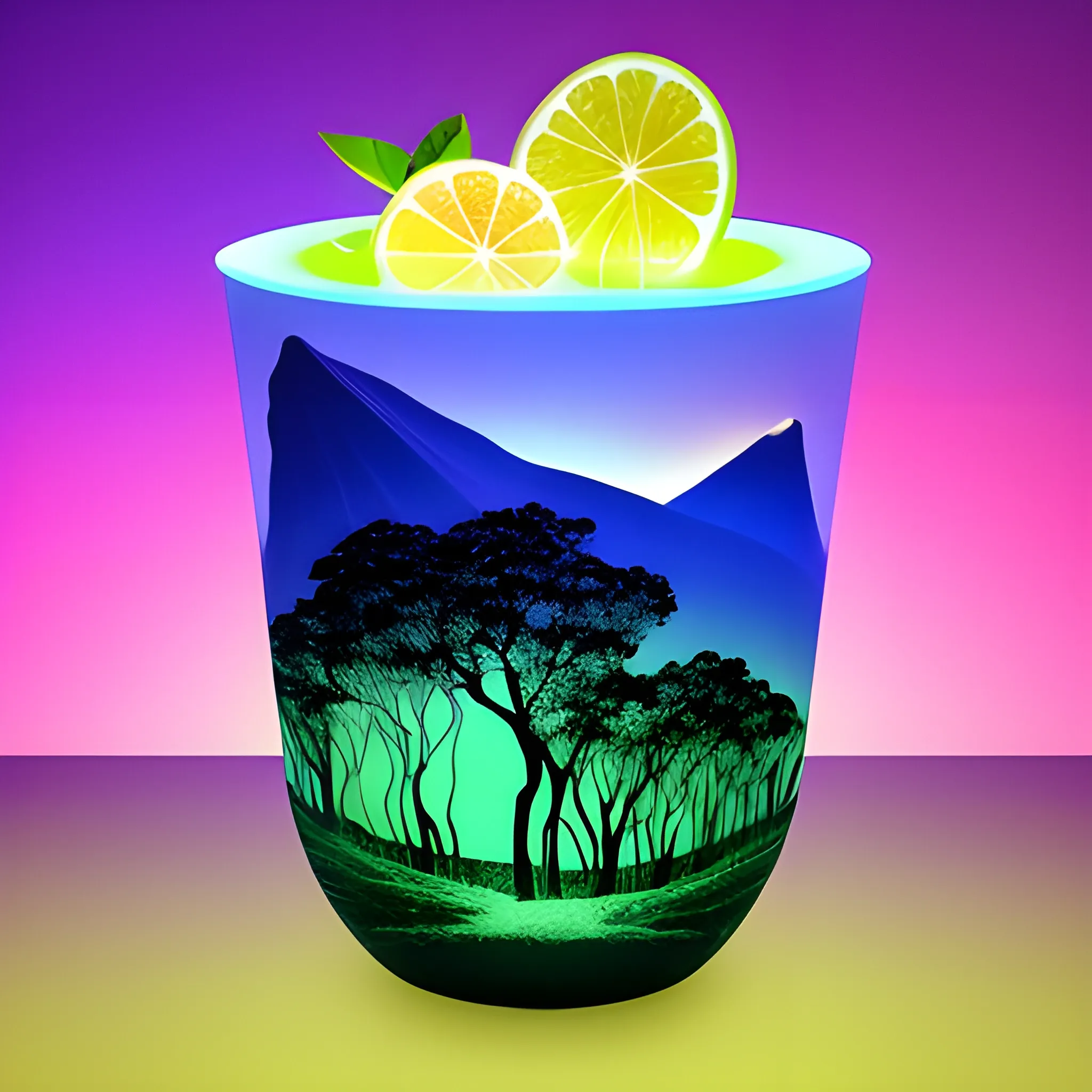 vaso de limonada estilo anime con un fondo de naturaleza y una iluminación con contrastes de luz



 Trippy