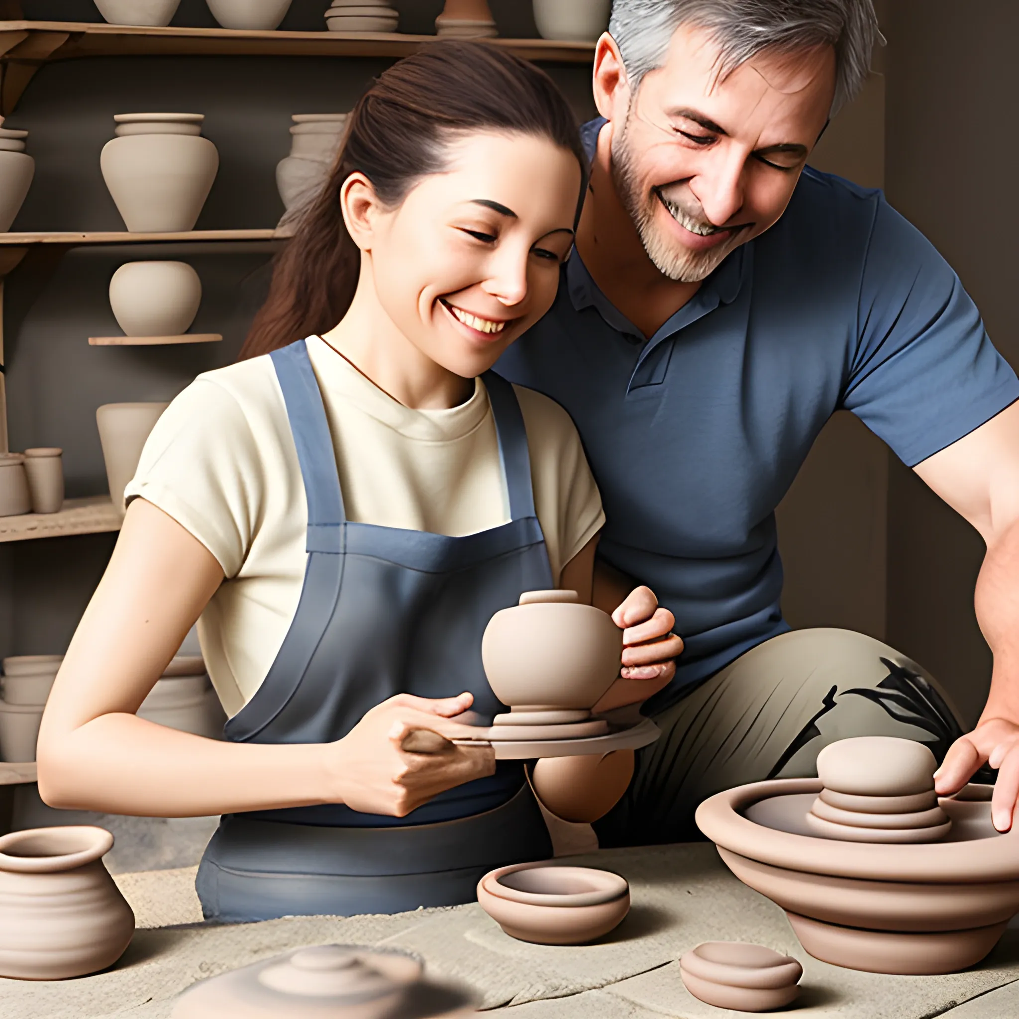 couple making pottery on realistic ceramic wheel