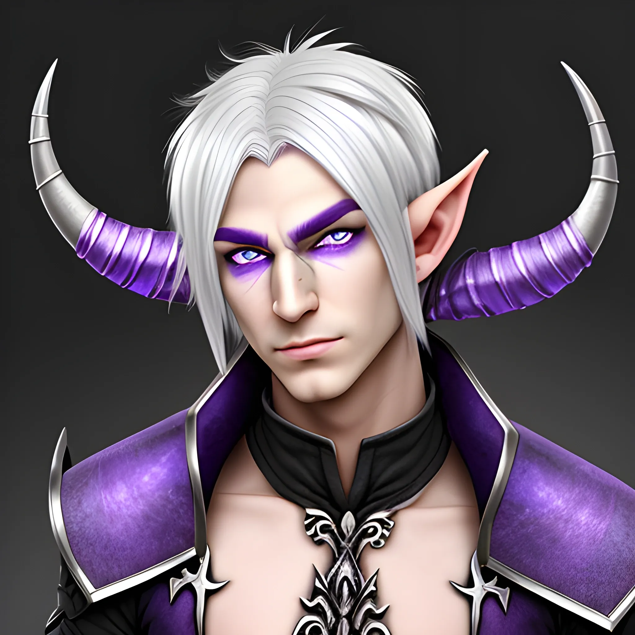 Male elf with sliver hair and purple eyes and horns