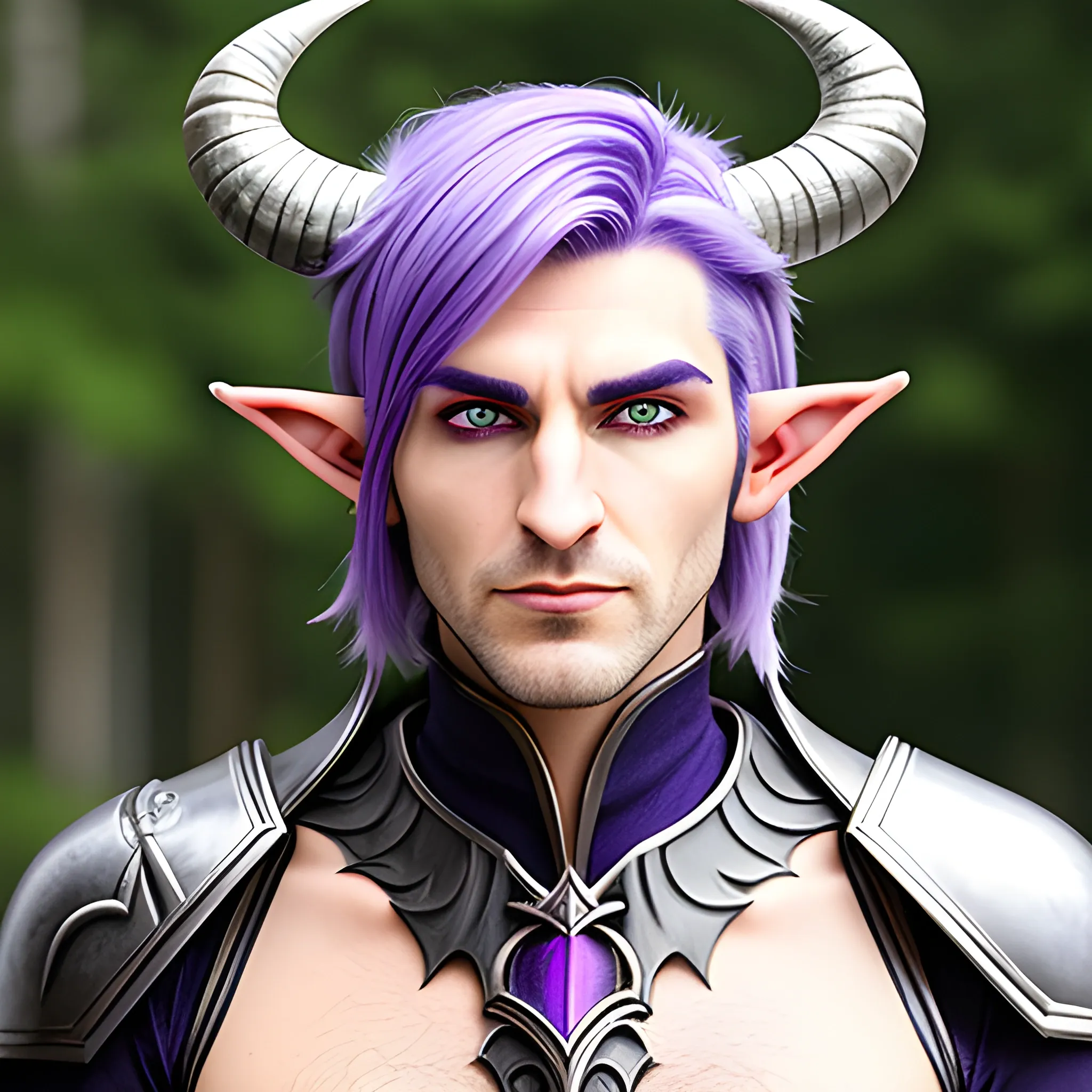 16 year old male  elf with sliver hair and purple eyes and horns