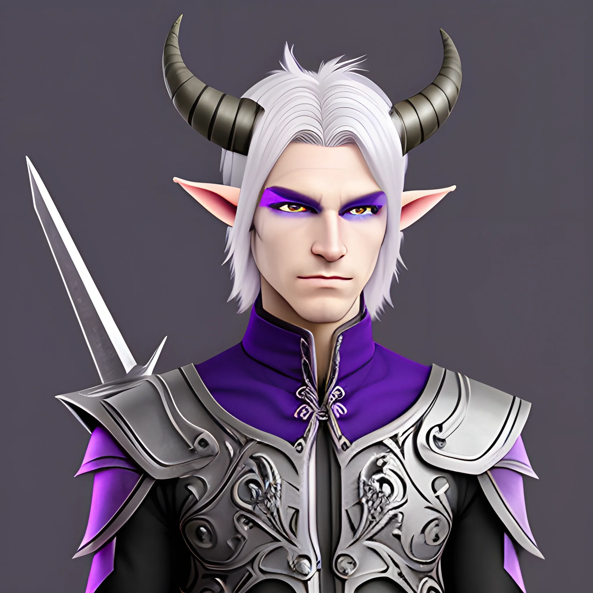  male elf with sliver hair and purple eyes and horns