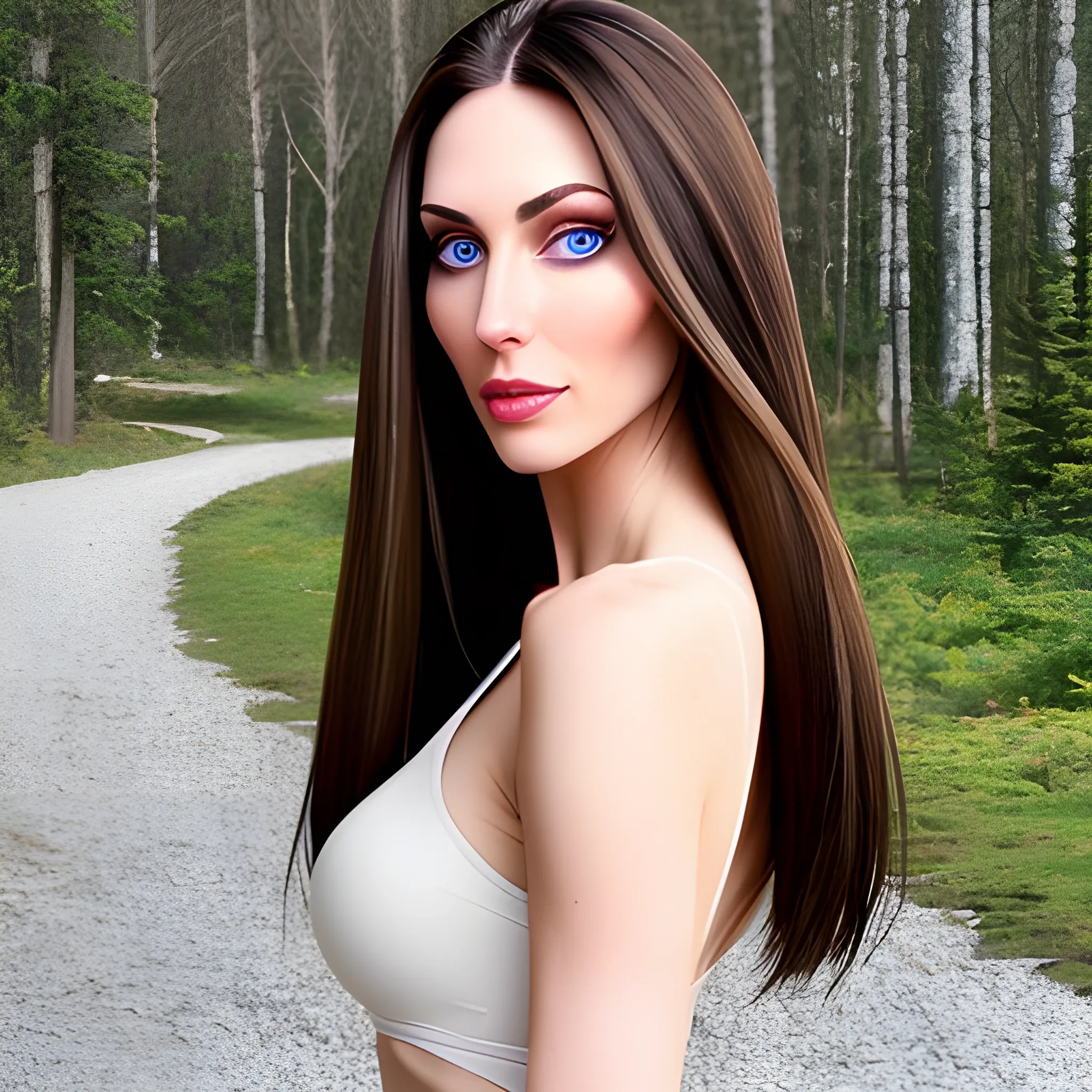 one beautiful young caucasian woman with beautiful eyes and thin lips on face has very longer straight brunette hair seen tumbling down behind her back and her on her front and back shoulders and back waist 