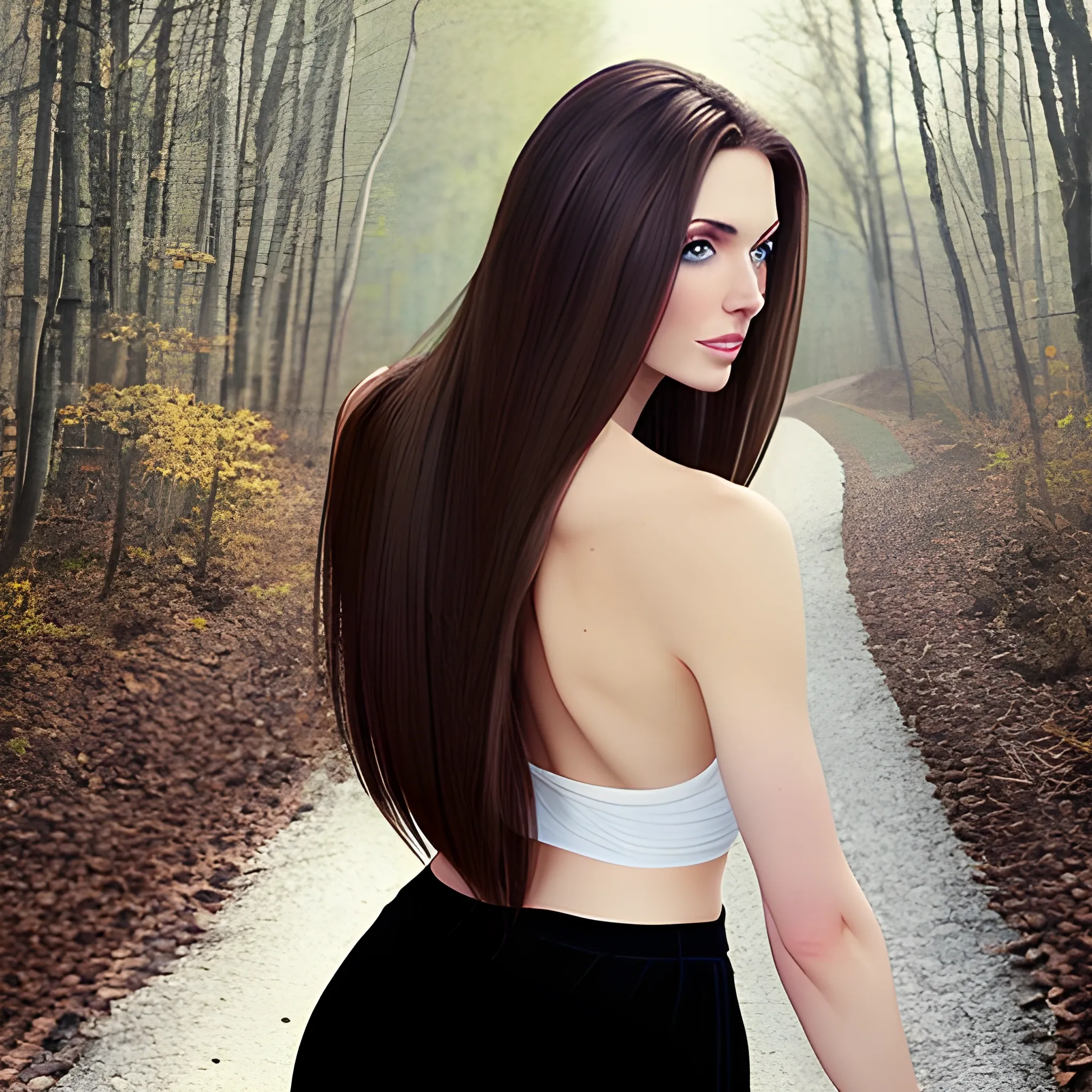 one beautiful young caucasian woman with beautiful eyes and thin lips on face has very longer straight brunette hair seen tumbling down behind her back and her on her front and back shoulders and back waist 