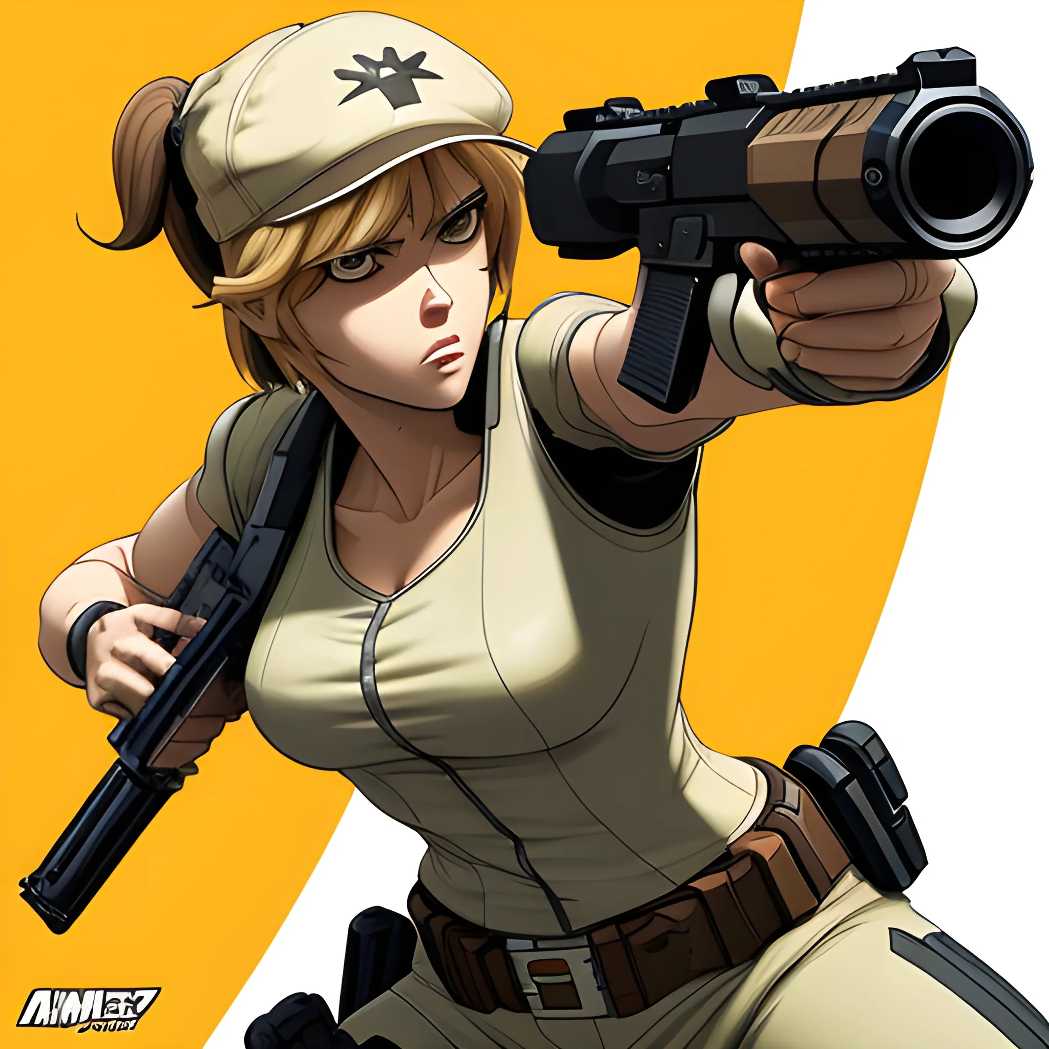 an image of an animation character holding a gun, in the style of womancore, comic art, realistic oil paintings, xbox 360 graphics, exotic realism, white and brown, bold manga lines --ar 71:128 --stylize 750 --v 6