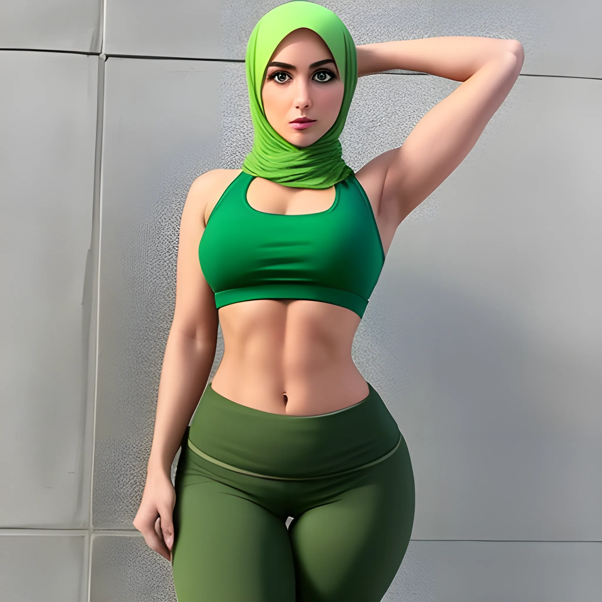 fit hot hijab babe beautiful green eyes side pose masterpiece art with a crop top on with  a curvy waist and soft abs4k award winning yoga pants 