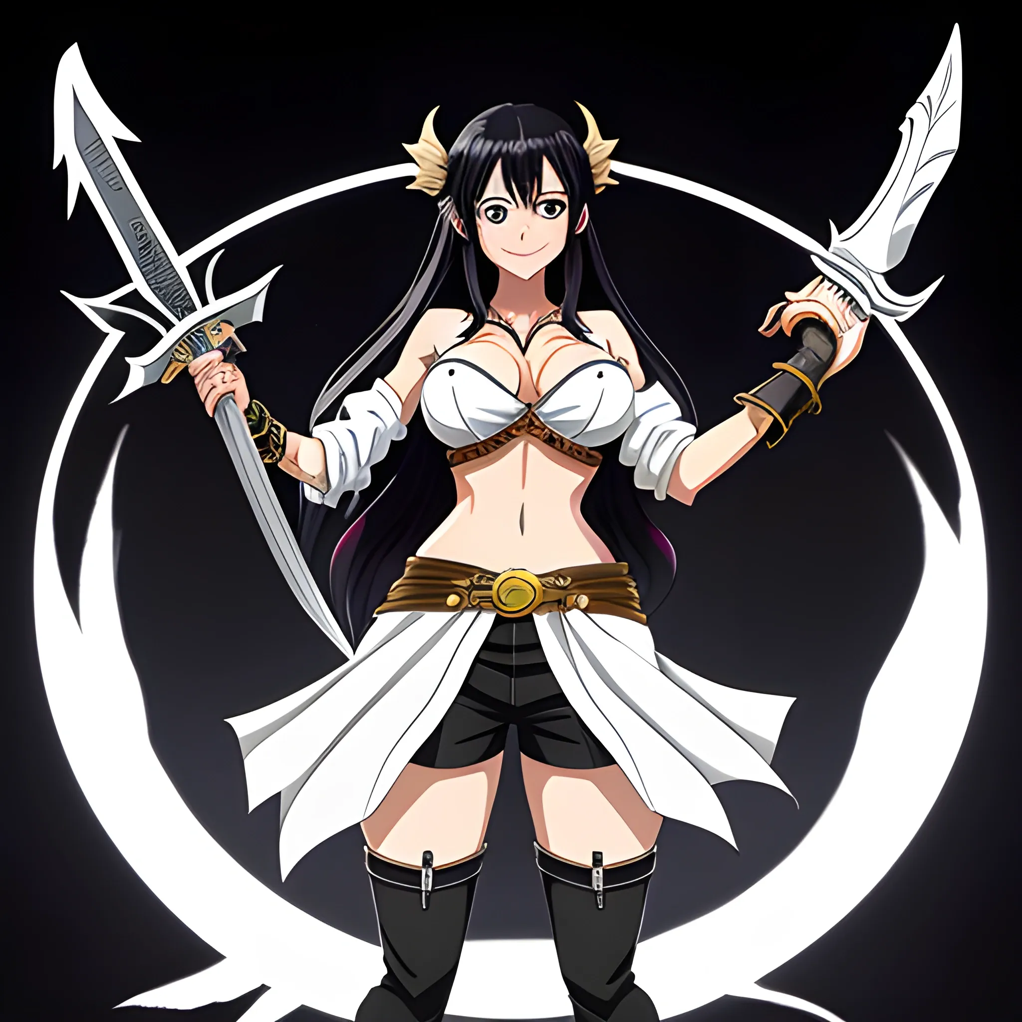 Create a girl with black hair, a big 7 deadly sins sword on her back (when Meliodas was the leader of demons), pijamas pants black and white, no head,big smile and white shirt