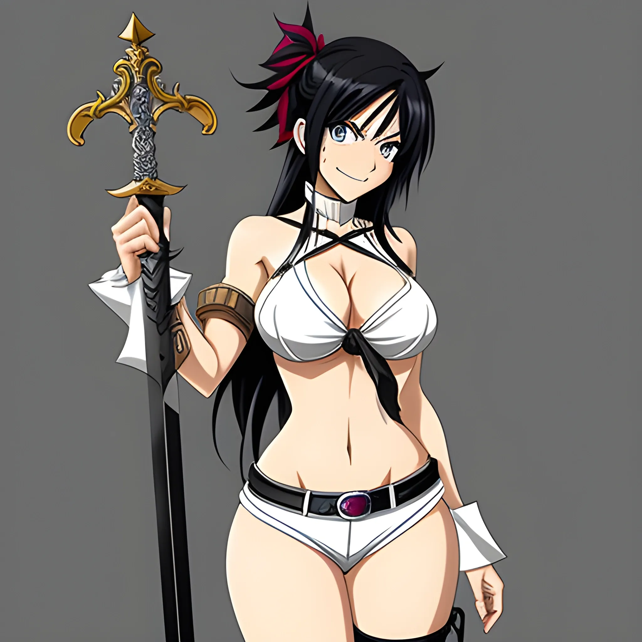 Create a girl with black hair, a big 7 deadly sins sword on her back (when Meliodas was the leader of demons), pijamas pants black and white, no head,big smile and white shirt