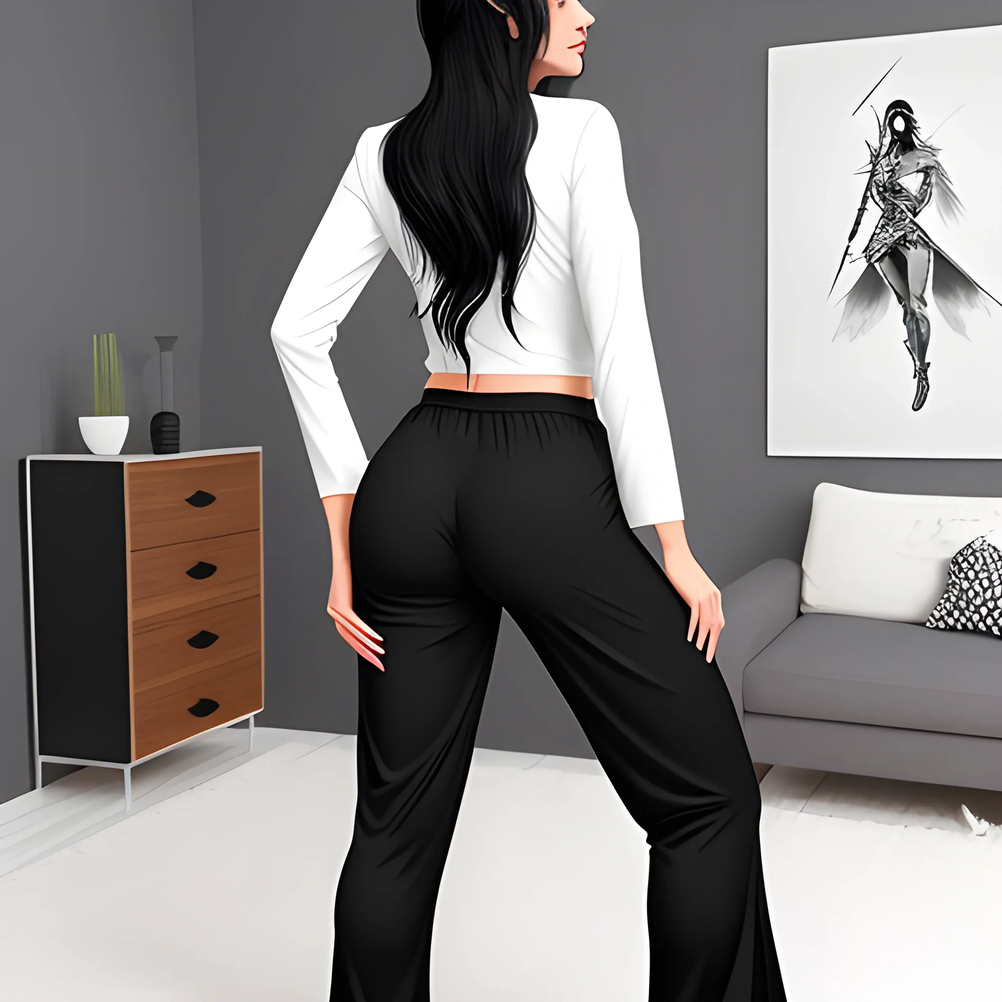 Create a girl with black hair, a big sword on her back, no head and black and white pijamas pants 