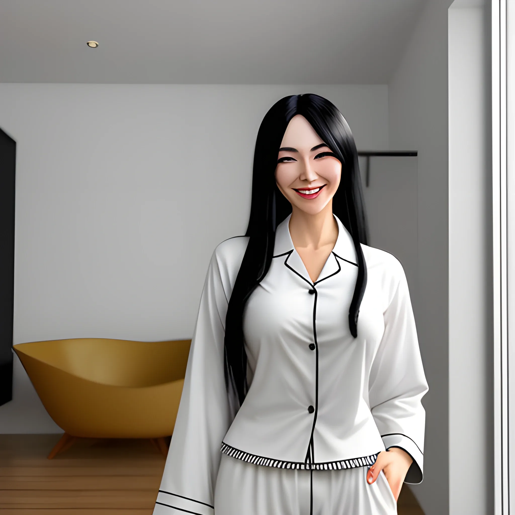 An anime girl with long black hair,  black and white pijamas pants and white shirt and a big smile