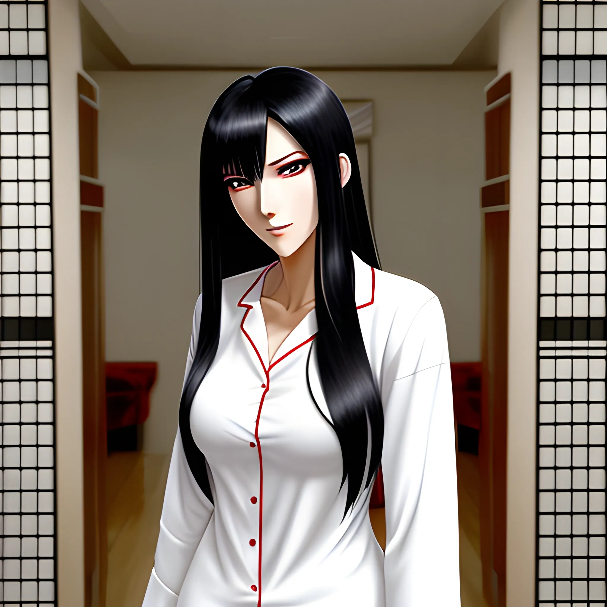 An anime girl with long black hair, red eyes,  Wearing an white shirt and a pijama pant