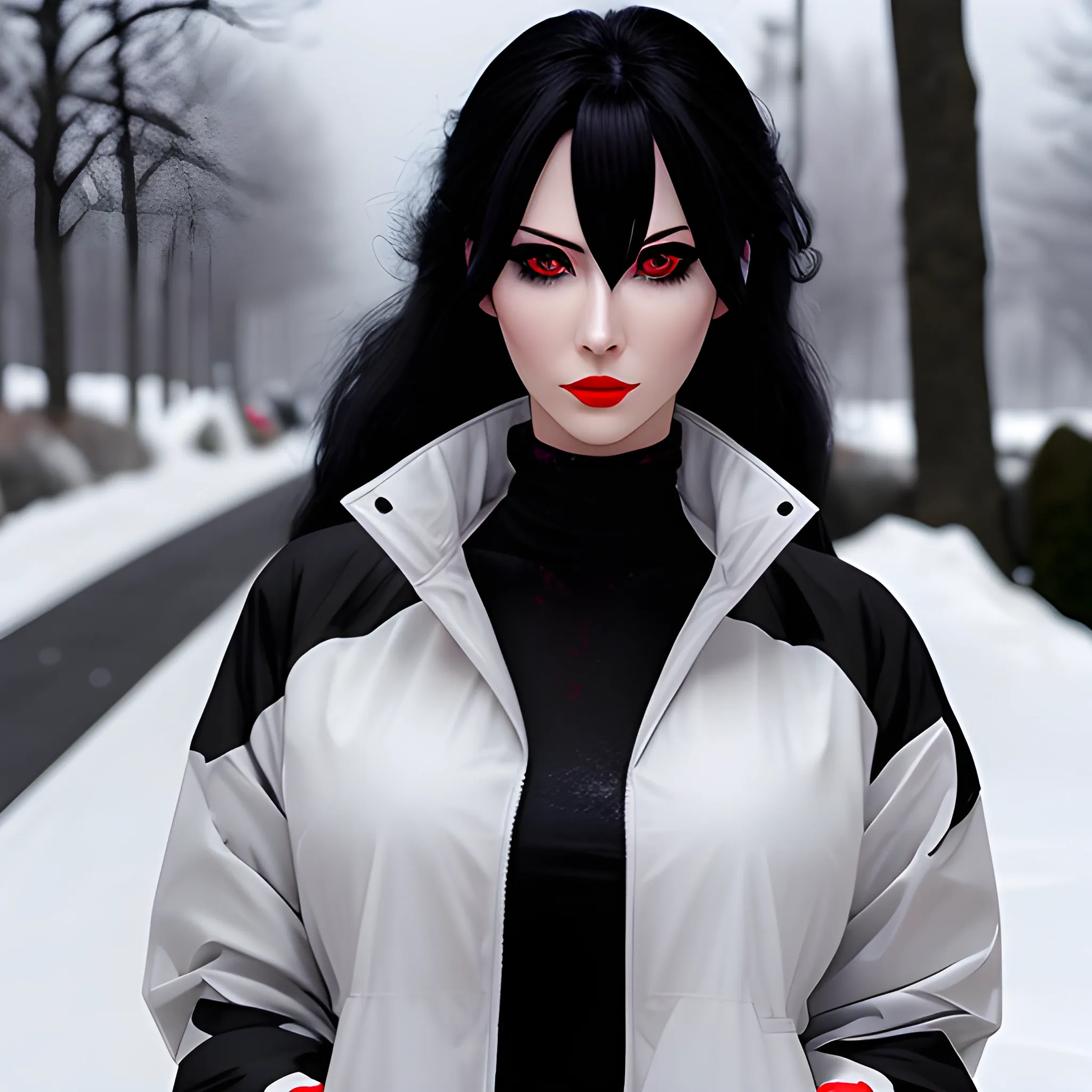 An anime girl, black long messy hair, red eyes, black eyeshadow, wearing a white winter jacket, wearing a gray shirt