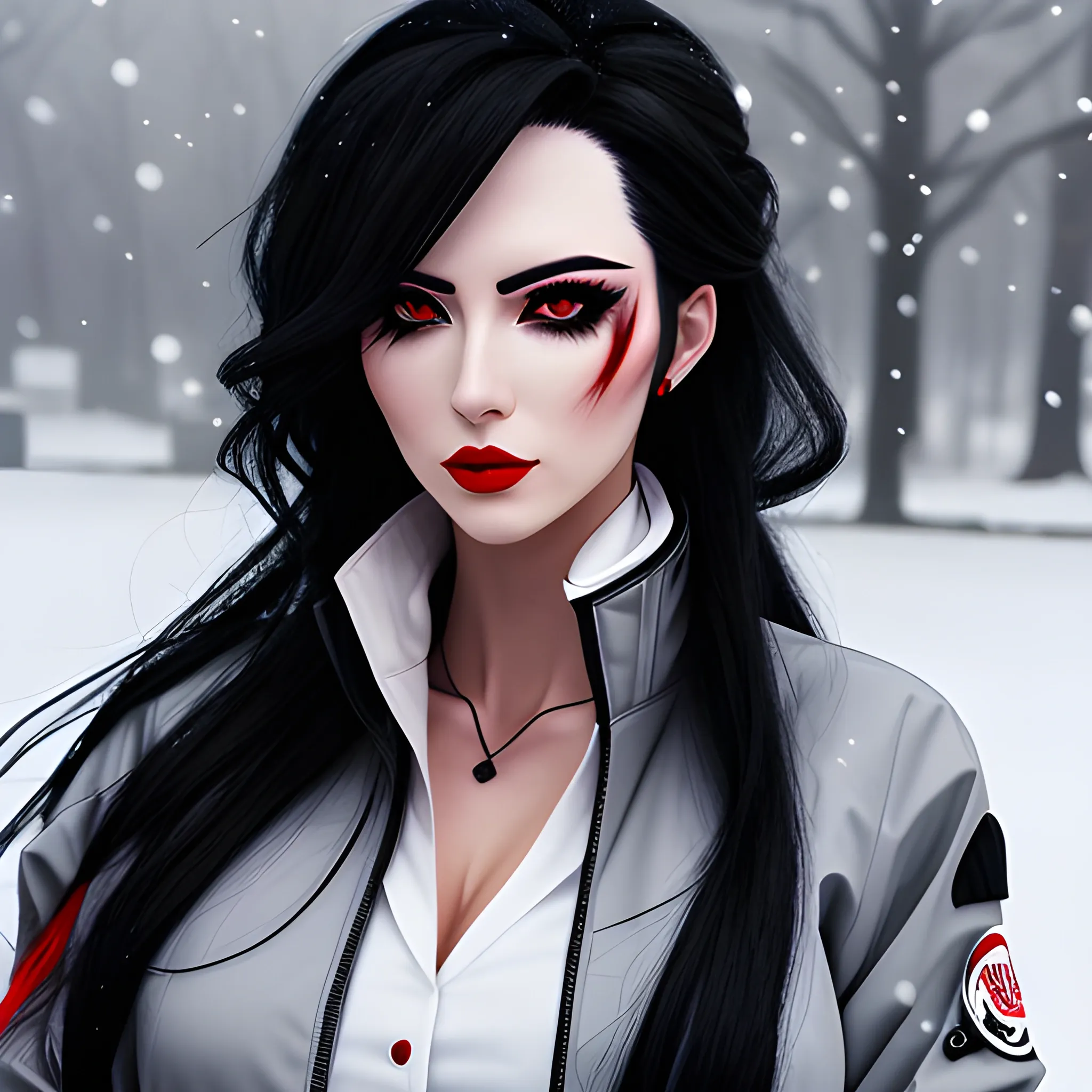 An anime girl, black long messy hair, red eyes, black eyeshadow, wearing a white winter jacket, wearing a gray shirt